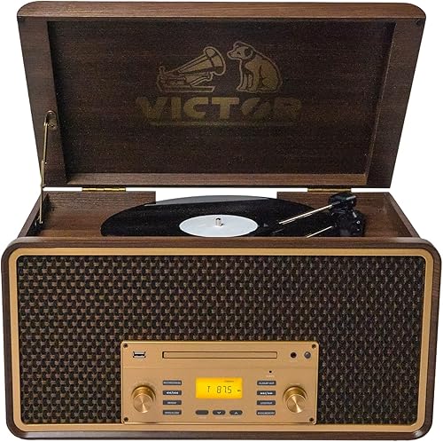 VICTOR Monument - Centro de música tocadiscos 8 en 1 con reproductor de grabación de 3 velocidades, reproductor de CDMP3casete, radio AMFM, entrada