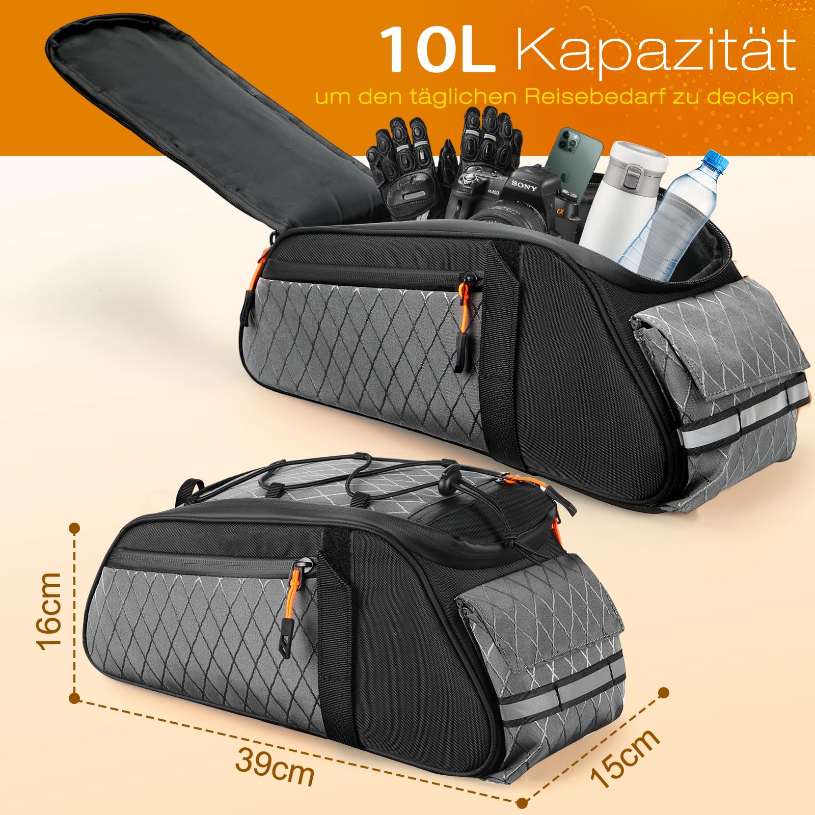 toptrek Borse per bicicletta 3 in 1, per portapacchi, 10 l, impermeabile | Borsa per bicicletta, portapacchi, con maniglia e tracolla