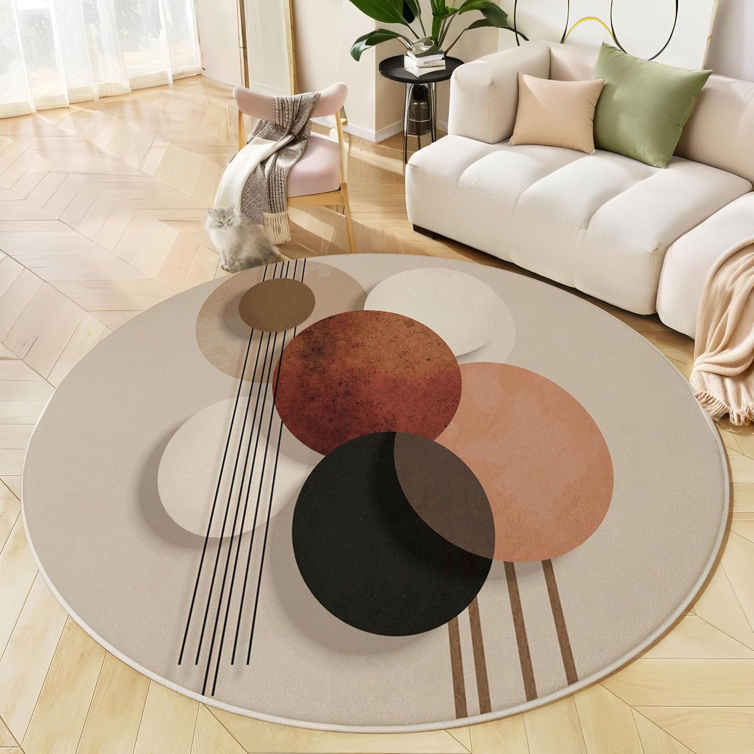 Round Area Rug, 3Ft Washable Non-Slip Terracotta Bohemian Circle Lines Circle Rug, Soft Low-Pile Modern Geometry Indoor Small Circular Carpet for Bedroom Entryway Dining Living Room