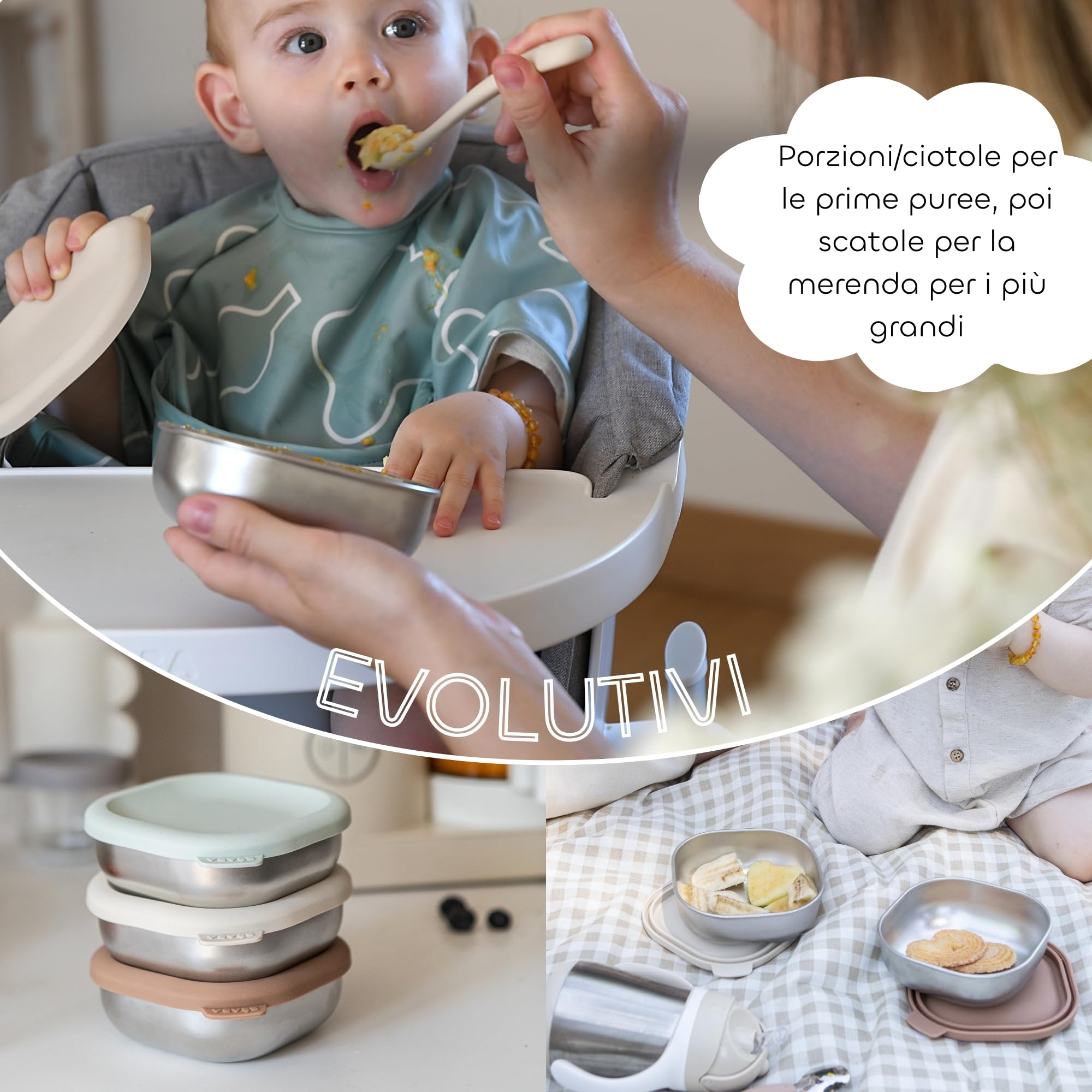 BÉABA Box Pappa Inox – Vasetti Ermetici per Bebè, Purè e Merende, Resistenti e Infrangibili, Senza BPA, Congelatore e Microonde – Natural Set