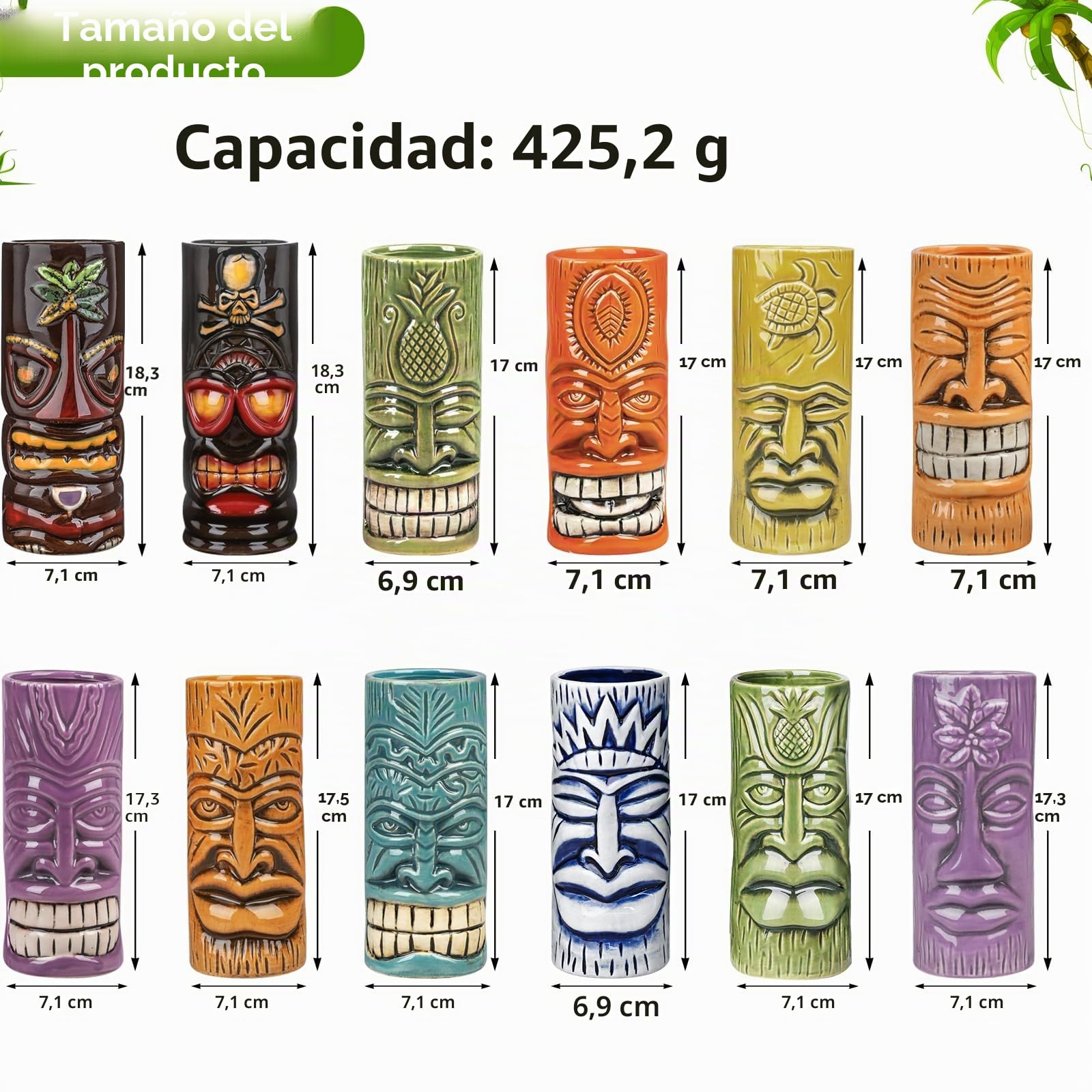 SuproBarware Juego de 12 tazas Tiki - Grandes vasos de cóctel Tiki, vasos de cóctel exóticos y lindos para fiestas hawaianas, vasos de cerámica hawaiana
