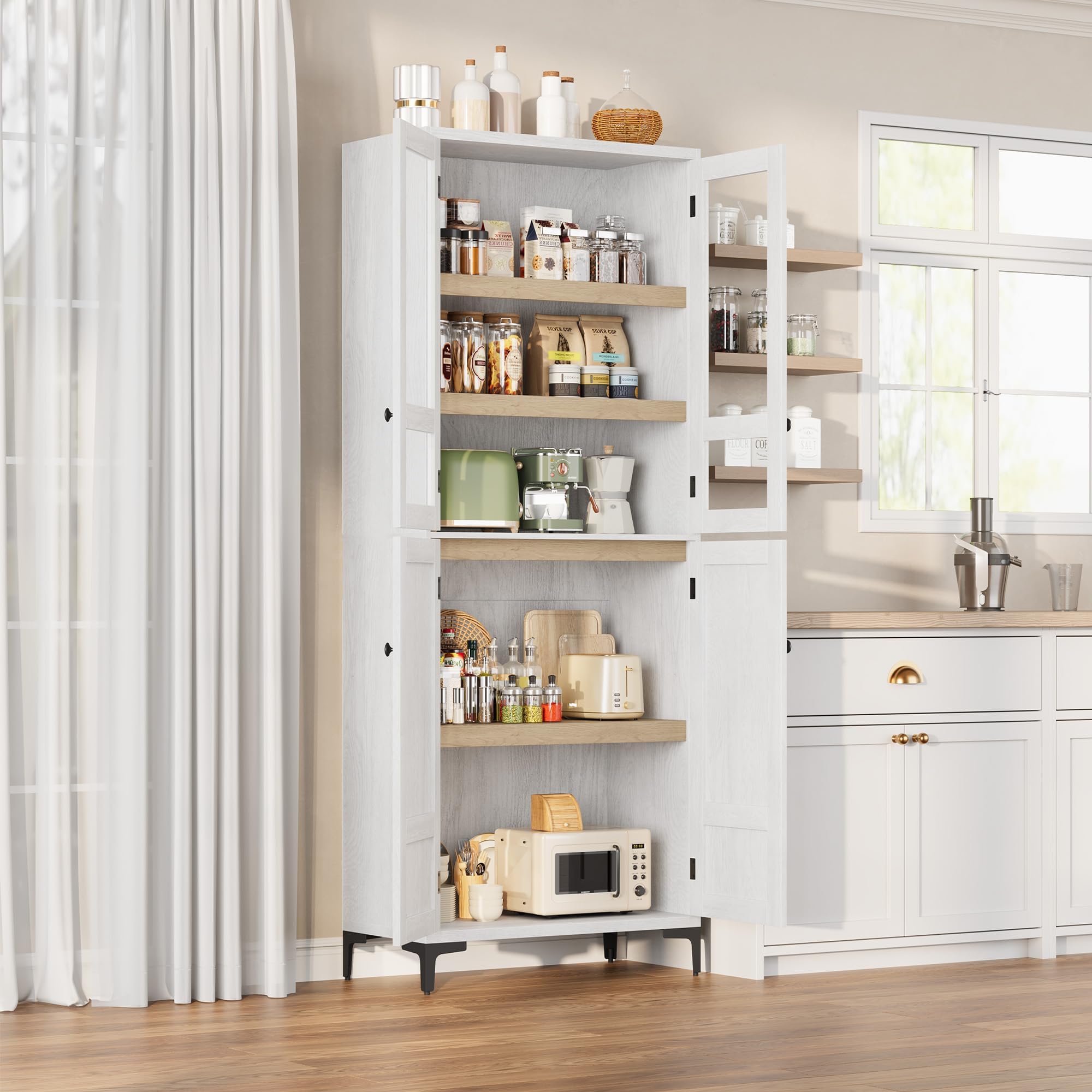 Garvee Armadio Alto 180 Cm, Mobile Contenitore 5 Ripiani Con 4 Ante, Ripiani Regolabili, Dispensa in Legno Salvaspazio Stretta Per Bagno, Cucina, Soggiorno e Sala Da Pranzo