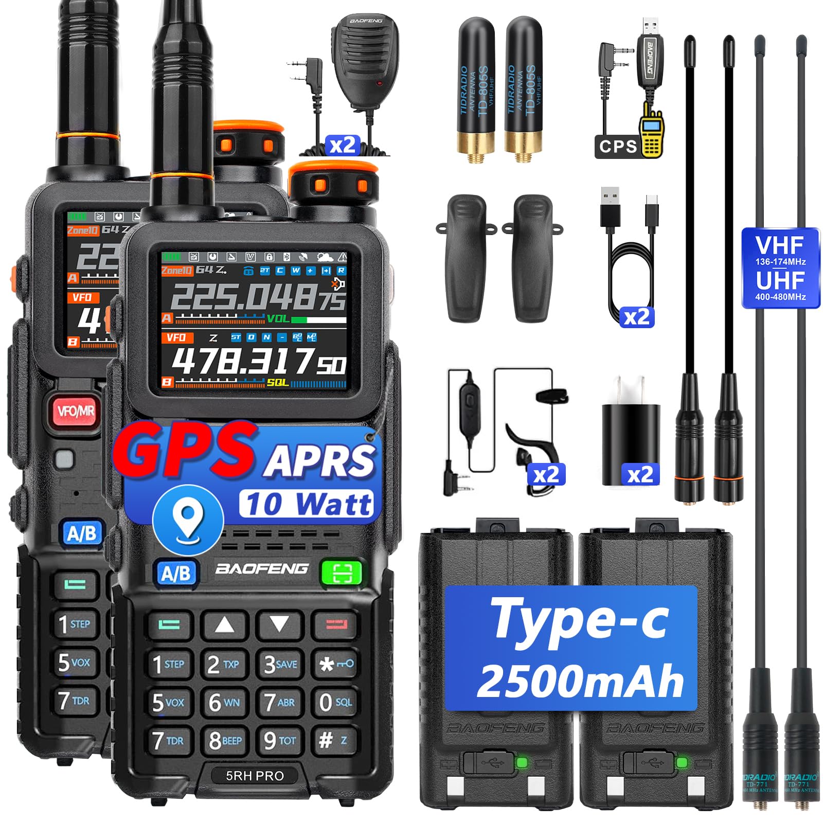Radio Ham Radio Handheld 5RH PRO GPS APRS 10W Walkie Talkies Long Range, 640CH NOAA Weather Aviation/VHF/UHF/1.25m Two-Way Radio, USB-C Rechargeable for Survival Gear Emergency Hunting-2Pack