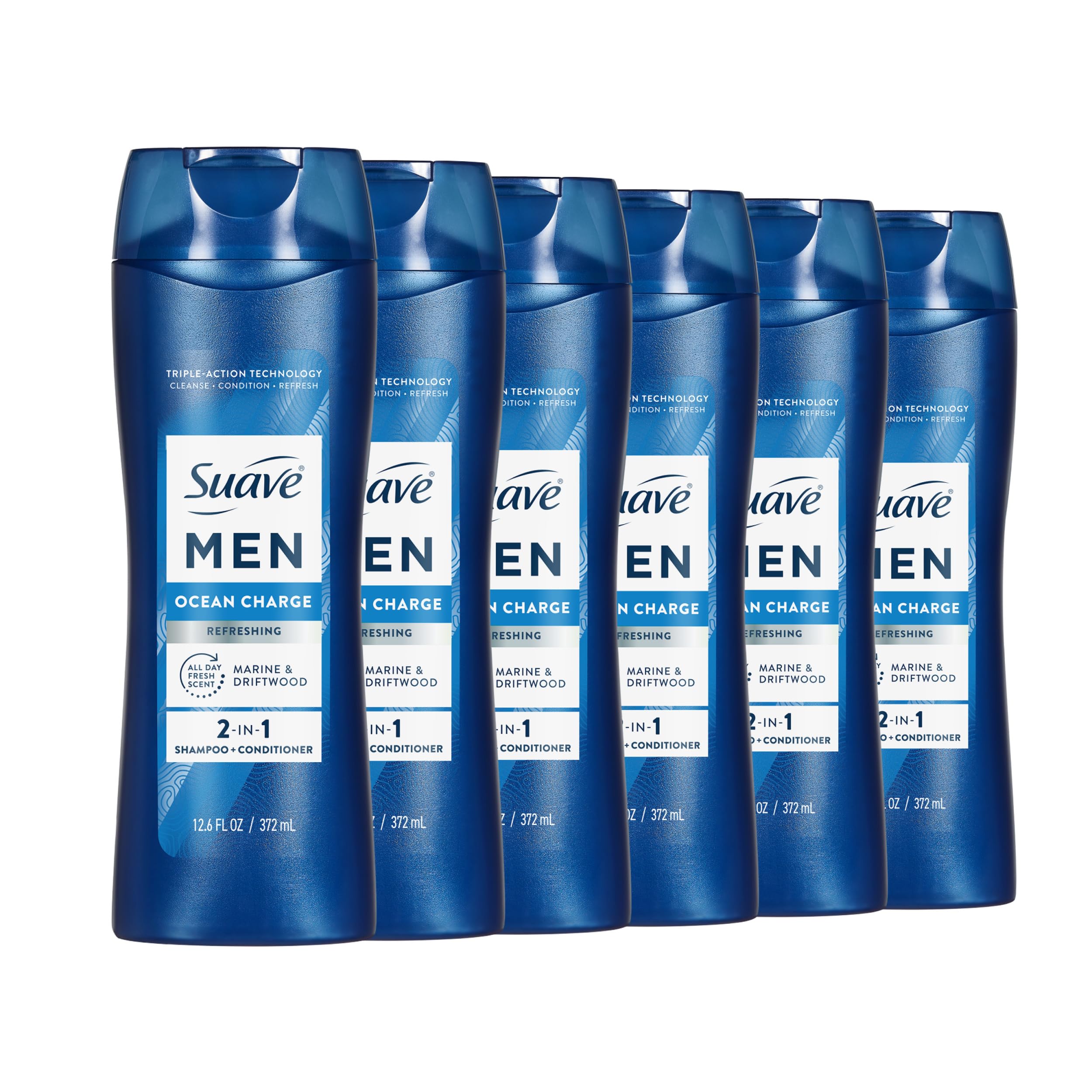 Suave Men Ocean Charge 2 in 1 Refreshing Shampoo & Conditioner with Pro Vitamin B5, Hydrates & Revitalizes Hair, Ocean Fresh Scent, 6 Count, 12.6 FL OZ