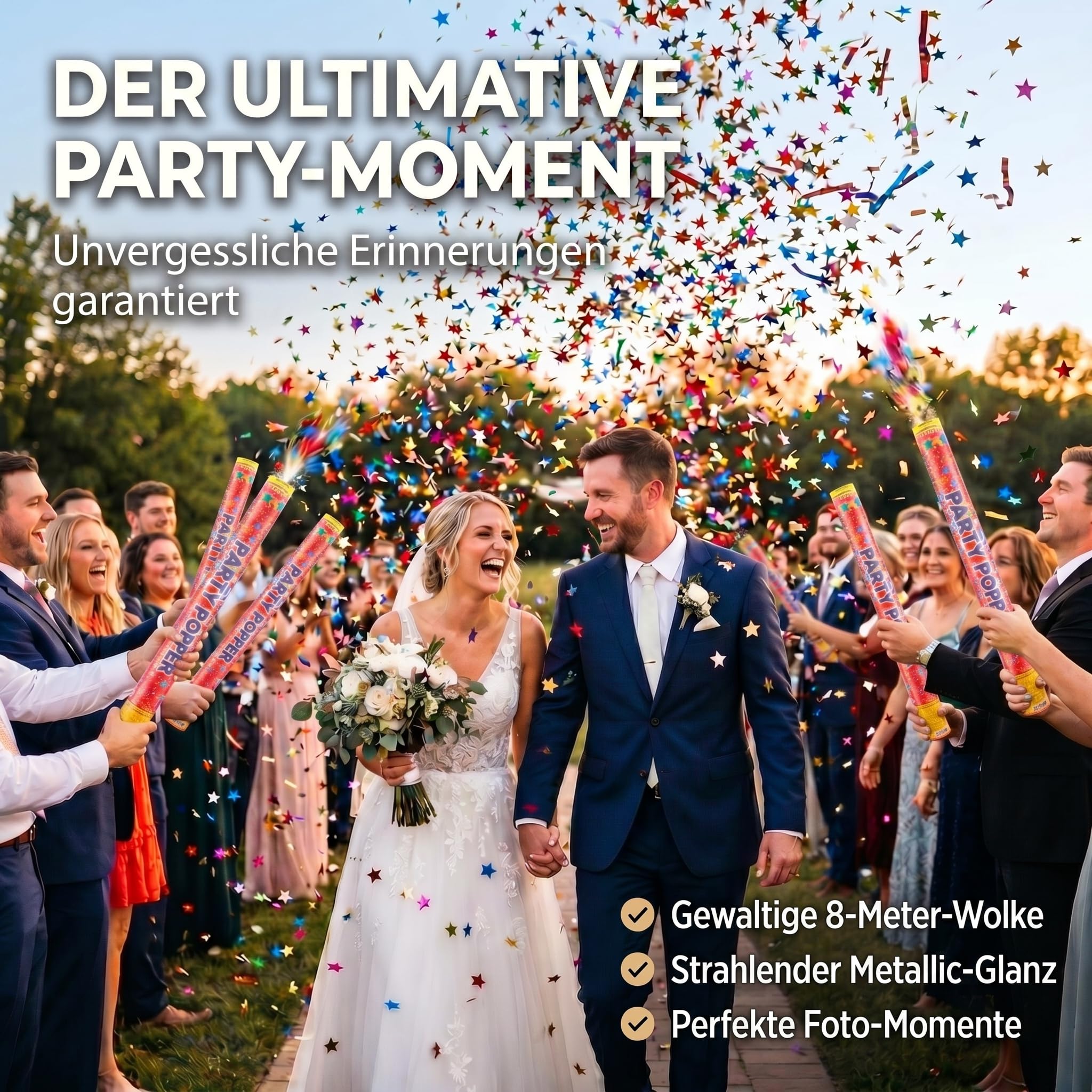 GOODS+GADGETS® Konfettikanone XXL 10er Set, 100cm Party Popper Bunt | Maximaler Showeffekt für Hochzeit und Silvester, Konfettibombe mit 8m Schusshöhe, metallisches Folienkonfetti, flammhemmend