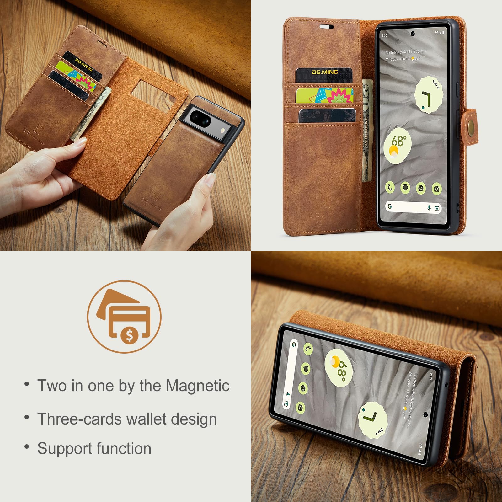Funda Cartera para Google Pixel 10 Pro con Soporte Plegable, Marrón | Funda Interior Extraíble, Cuero Vacuno de Serraje, 3 Ranuras para Tarjetas y Bolsillo, Cierre Magnético, Soporte Plegable