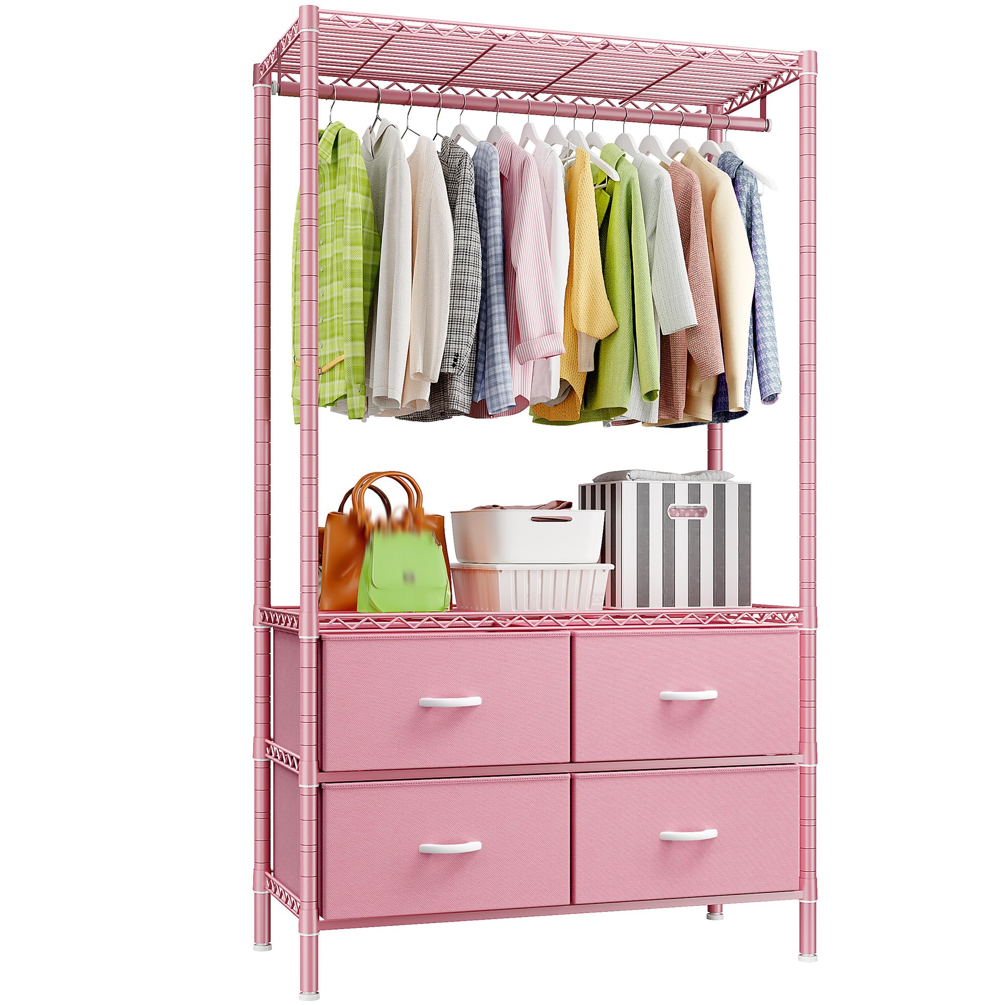 Raybee Clothing Rack with 4 Drawers and Shelves, Heavy Duty Clothes Rack for Hanging Clothes,Portable Closet,Metal, Sturdy,Pink