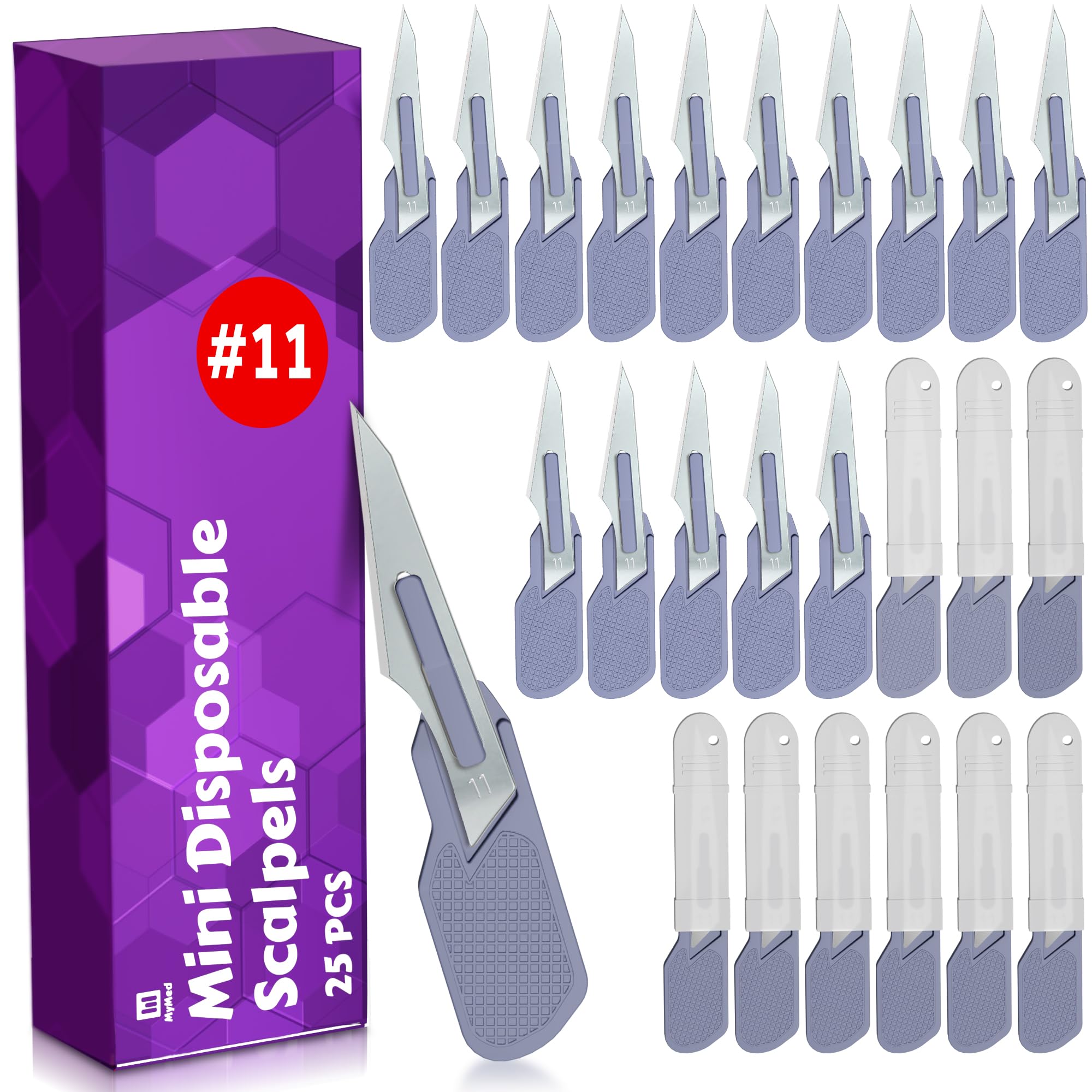 MyMed Mini bisturí desechable, mini cortador de cajas #11, cuchillas afiladas de acero al carbono, paquete de 25 para dermaplaning, podología, abrir cajas y correo, manualidades y más