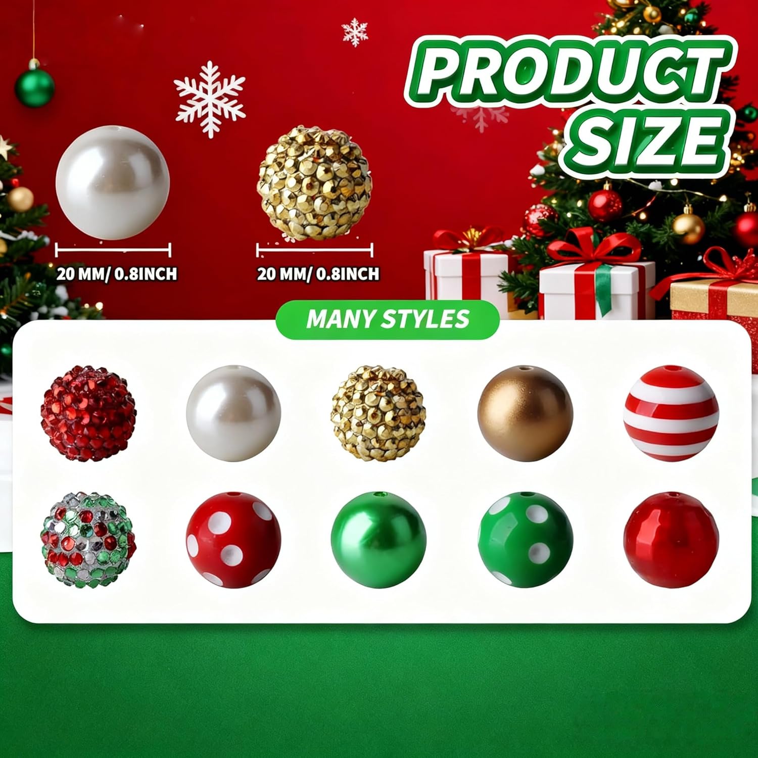 20mm Acrylic Christmas Bubblegum Beads Bulk in 12 Styles, 50Pcs Acrylic Plastic Spacer Gumball Loose Bead Xmas Chunky Beads for DIY Crafts (Red and White, Green 03) - Image 3