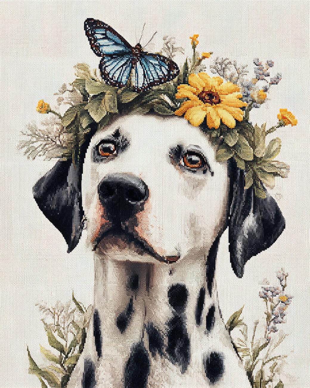 AYAOYANGGO Animal Cross Stitch Set Patterns Dalmatians and Flowers Pre Printed Cross Stitch Kits for Adults,DIY Wall Art Decor for Beginners 11CT 30x40cm