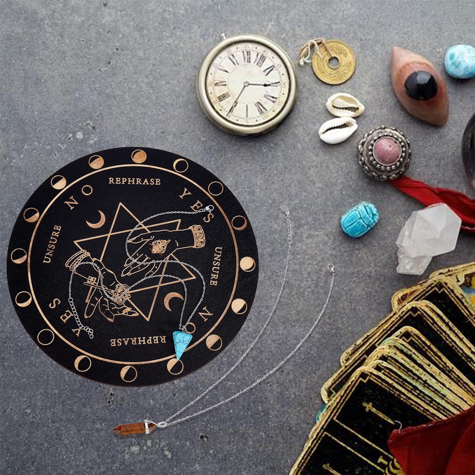 GORGECRAFT Motifs Textes Pendule Conseil Bois Divination Métaphysique Planche Pendule Tableau D'Affichage Tableau de Sculpture sur Bois Sorcellerie Autel Coaster Écologique Anti-Brûlure 20cm