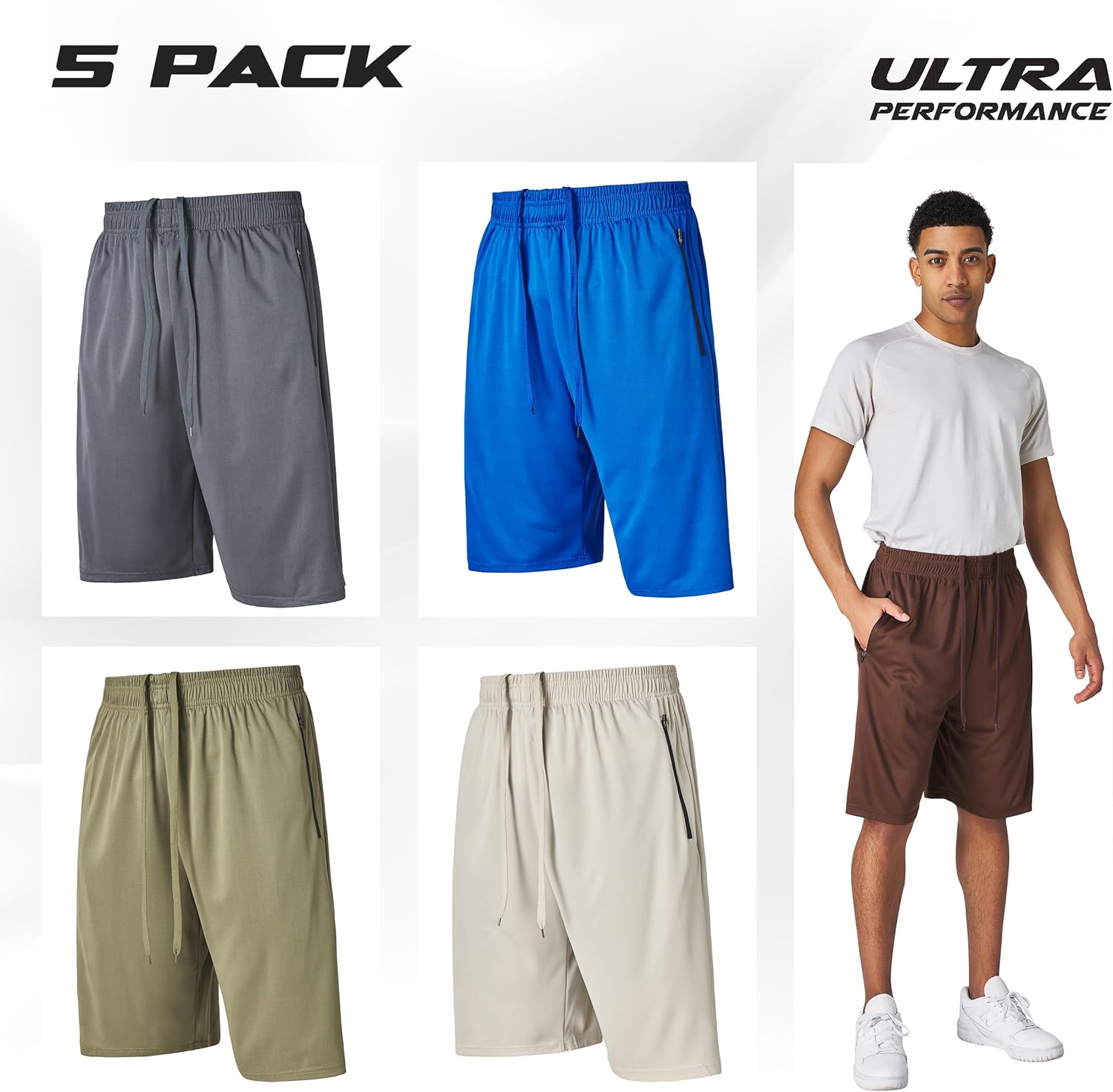 Ultra Performance Mens 5 Pack Athletic Running Shorts, Basketball Gym Workout Shorts for Men with Zippered Pockets - Image 2