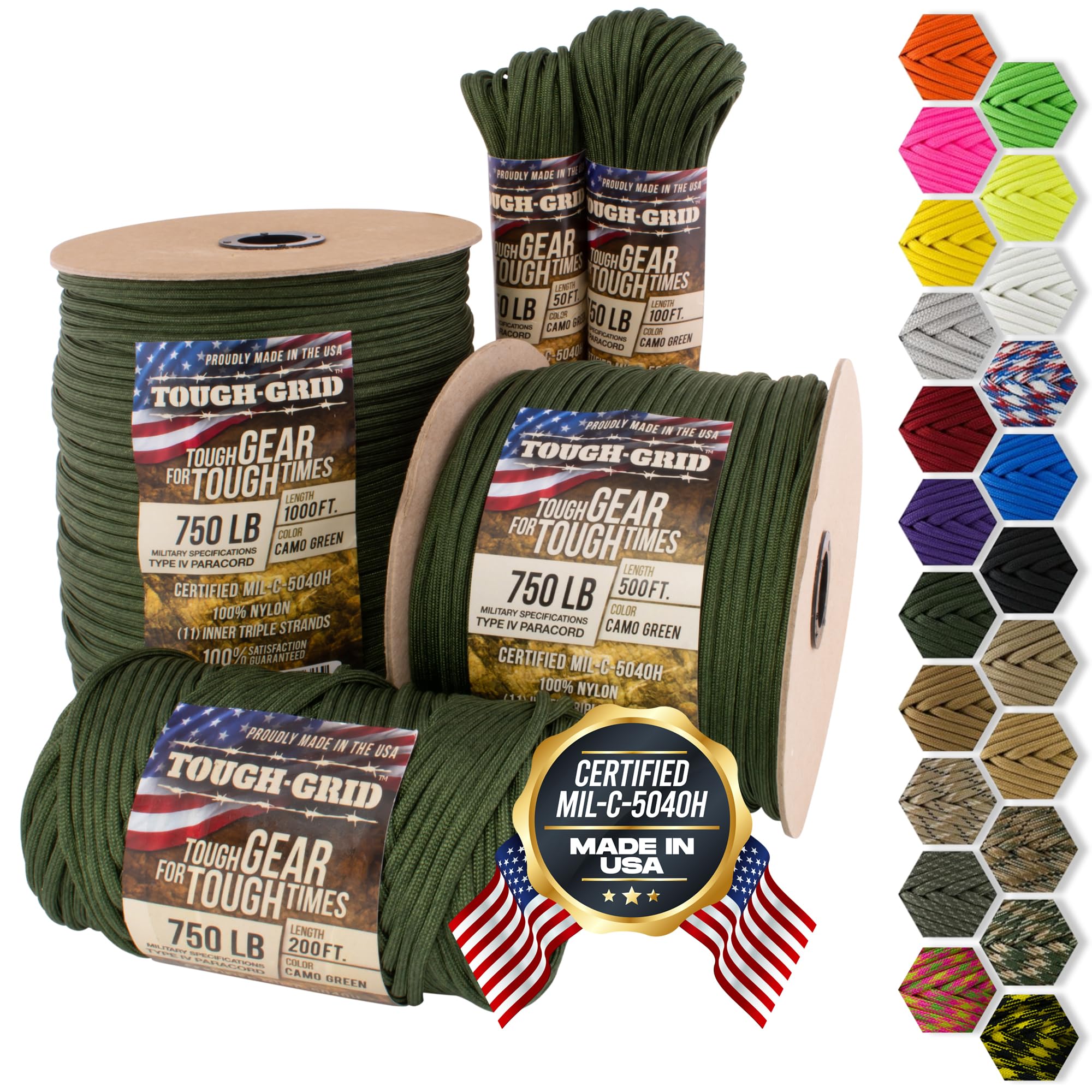 TOUGH-GRID Premium 750lb Paracord / Parachute Cord 100% Nylon Mil-Spec Type IV Paracord Used by The US Military, Great for Bracelets and Lanyards Made