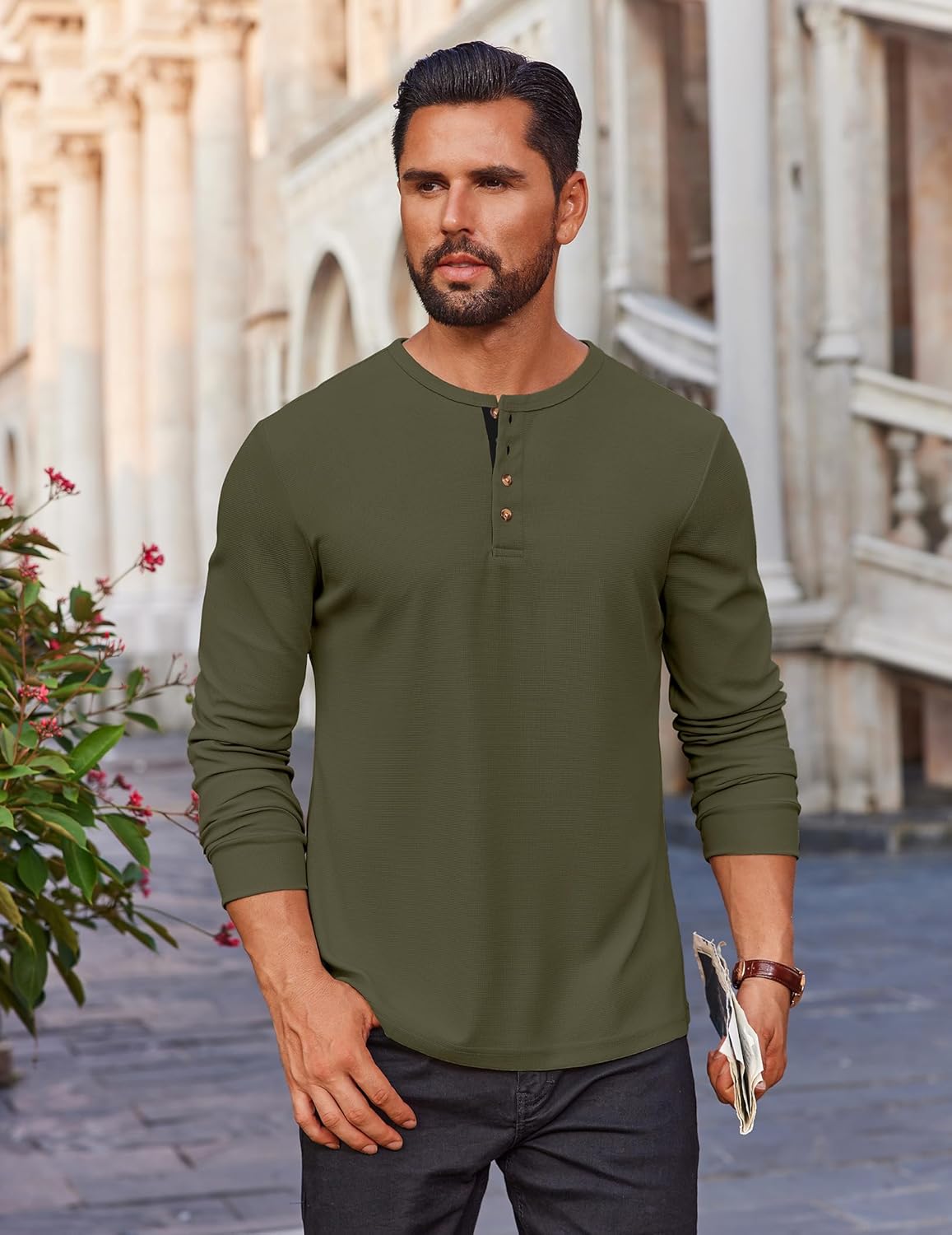 COOFANDY Mens Waffle Henley Shirts Long Sleeve Casual T-Shirt Basic Lightweight Pullover Tees - Image 2