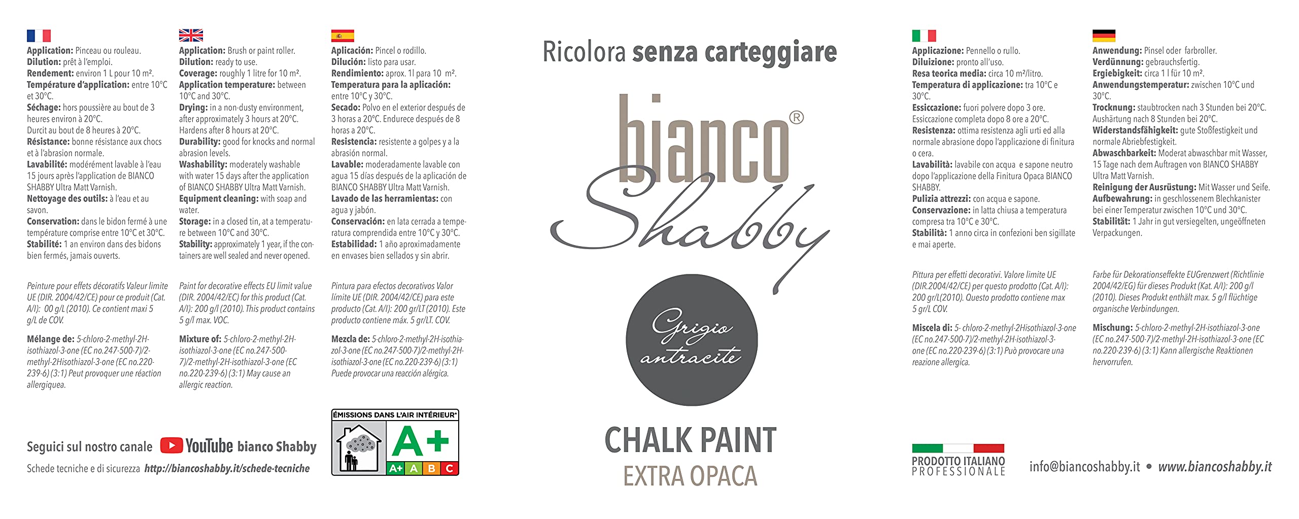 bianco Shabby® Grigio Antracite (antracytowa szara) farba kredowa na bazie wody do wszystkich powierzchni – bardzo matowe wykończenie (2,5 l)