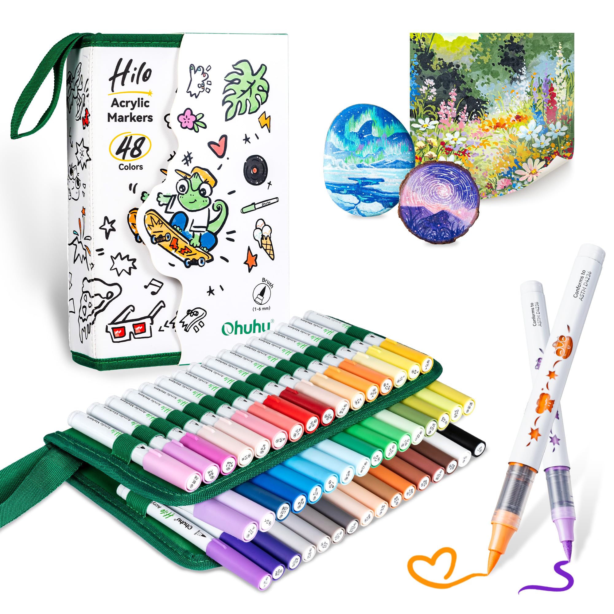 Ohuhu Rotuladores Acrílicos 48 Colores Punta Pincel para Arte Papel Dibujo