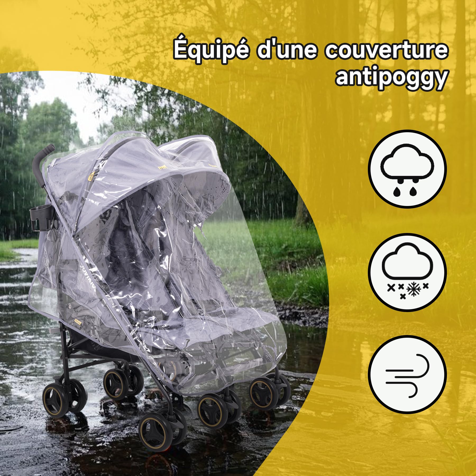 Jovikids Poussette double avec fonction allongée, pliable, avec pare-soleil, capote de pluie et porte-gobelet