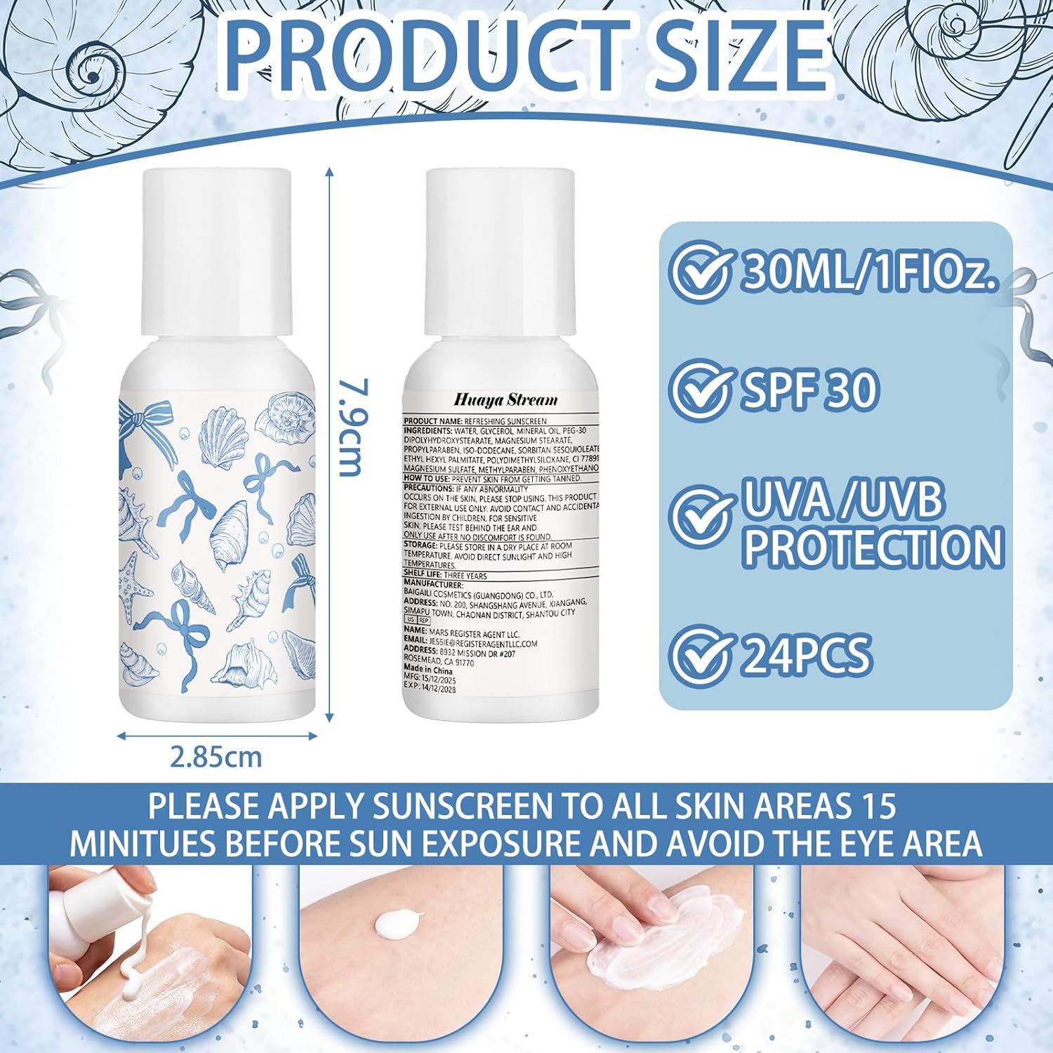 Demissle 24 Pcs Mini Sunscreen Bulk SPF 30 Blue Bow Starfish and Seashell Travel Size Sunscreen Bachelorette Wedding Party Supplies Summer Outdoor Goods for Under The Sea Beach Ocean Coastal, 1 Fl. oz