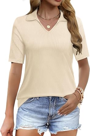 Womens Polo Shirts Short Sleeve V Neck Business Casual Collared Work Tops Ribbed Tunic Tee Basic Solid Summer Tops 2025