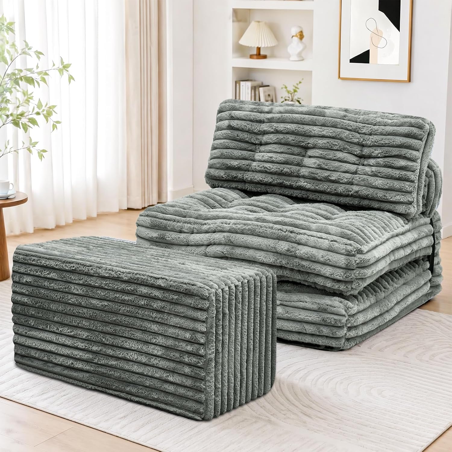 Folding Sofa Bed Sleeping Chair Foldable Couch Bed Lazy Sofa Bed Floor Chair with Footstool Faux Fur Fold Out Sleeping Bed with Pillow for Living Room, Bedroom, Reading Room