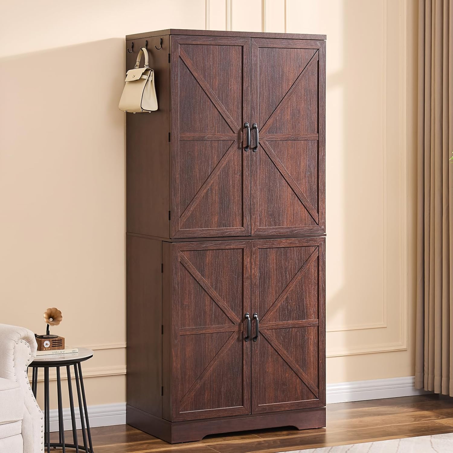 Armoire Wardrobe Closet, 72" Tall Storage Cabinet with Hanging Rod, Shelves and Drawer, Freestanding Wardrobe Cabinet with Side Door Storage for Bedroom, Farmhouse Wood Clothing Cabinet, Dark Cherry