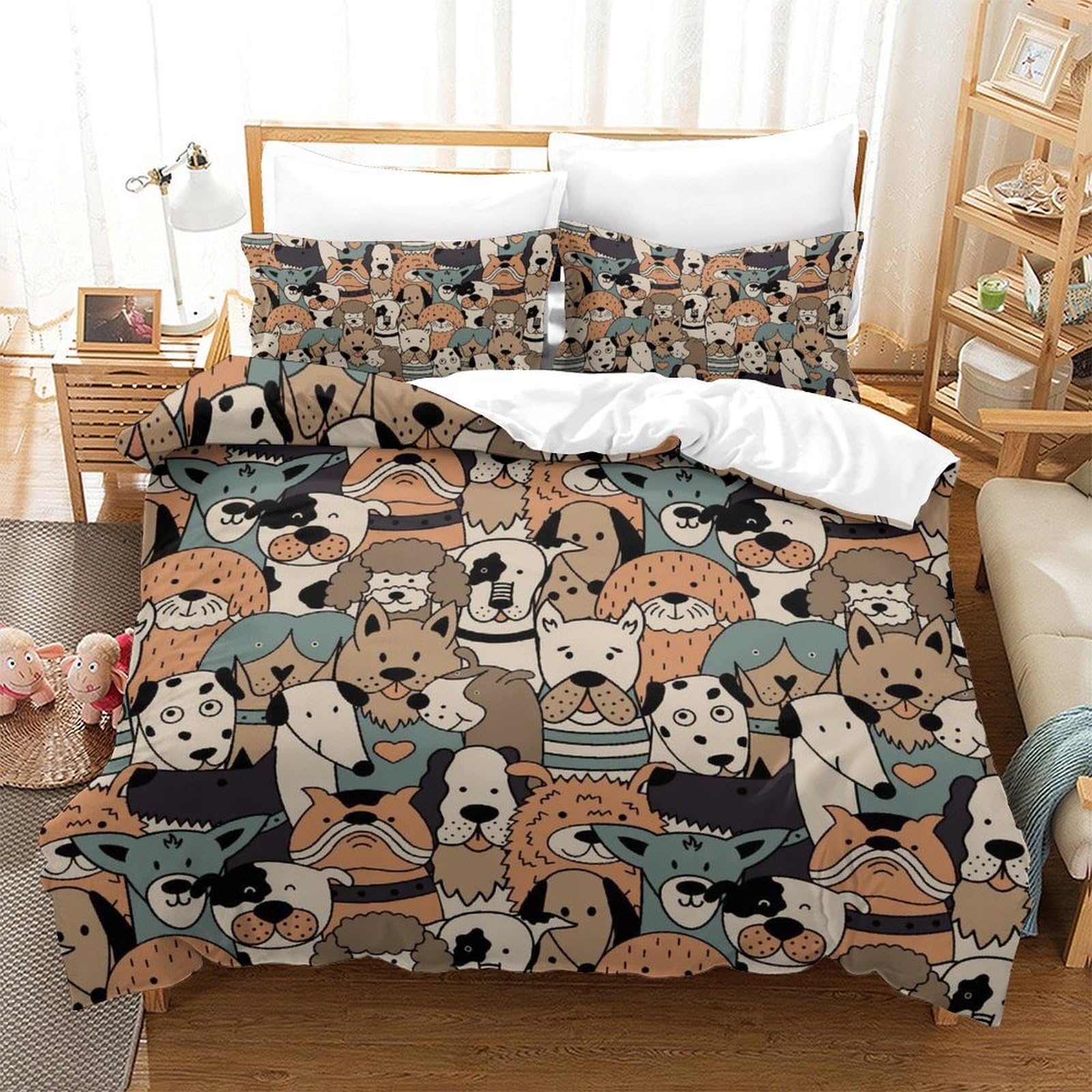 Housse de couette fermeture éclair finie en microfibre douce motif chien 3D pour grand lit
