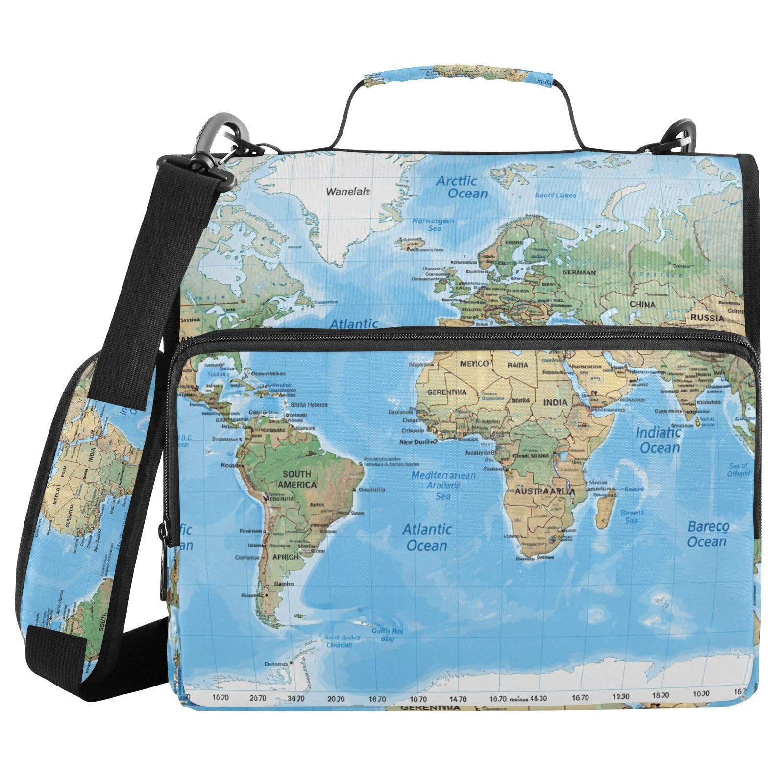3 Ring Zipper Binder with Shoulder Strap World Map Blaue 1.5 inch Binders Keeper Large Capacity Multi Pockets for School Office Supplies