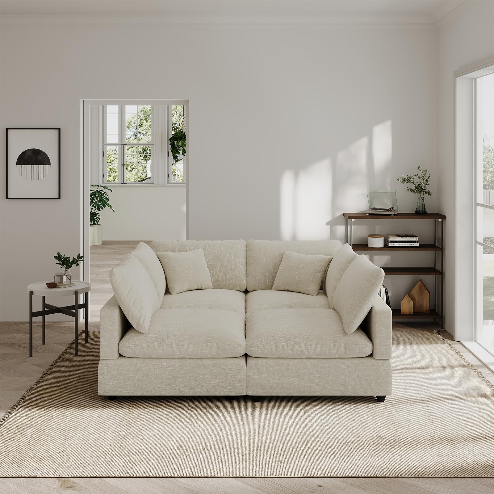 Cloud Couches Linen Sleeper Sofa Bed,Modern Sectional Sofa Couch for Living Room,Cushion Covers Removable,Cozy Feather Down Sofa for Apartment Beige