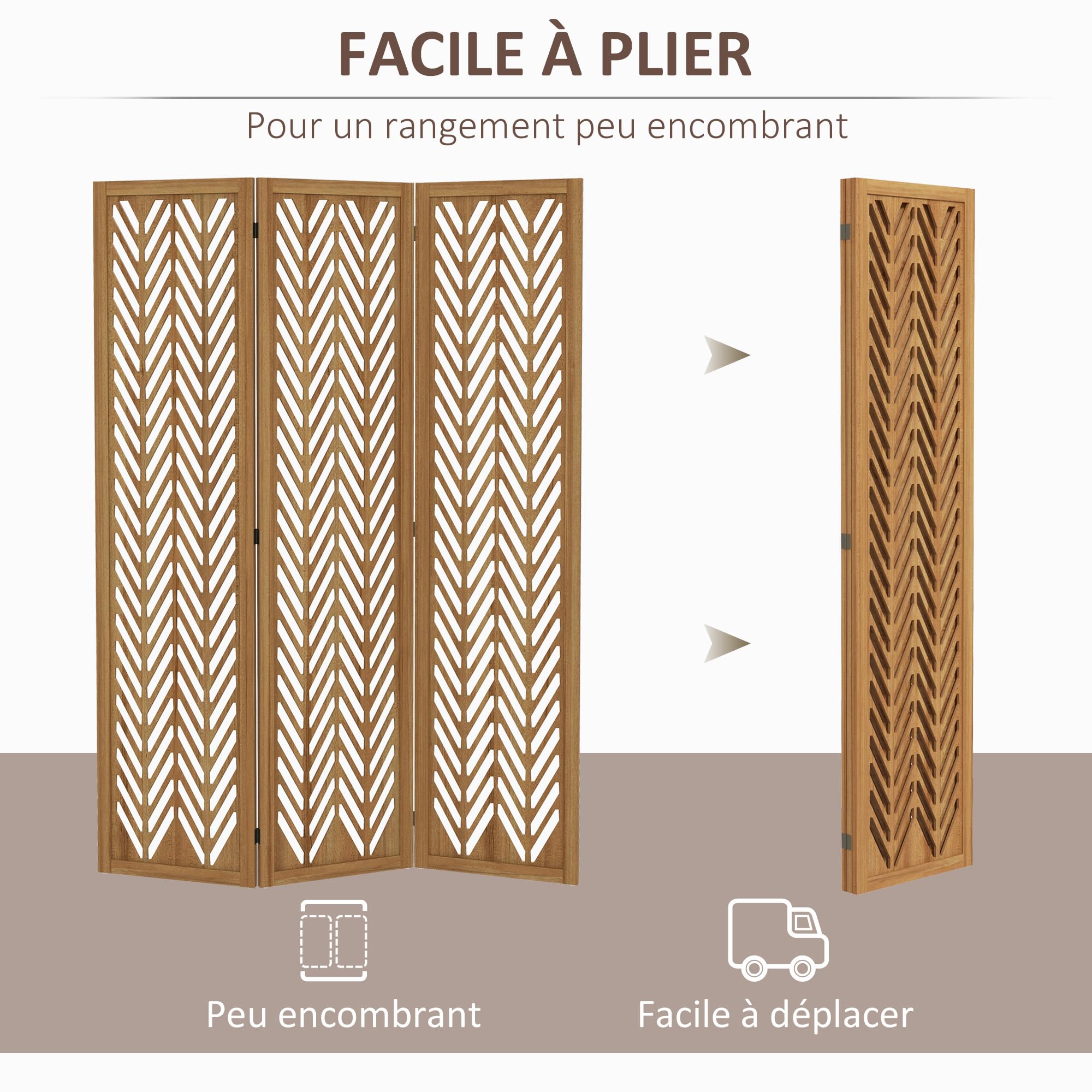 HOMCOM Paravent en Bois Ajouré Pliable 3 Panneaux 120 x 170 cm Naturel