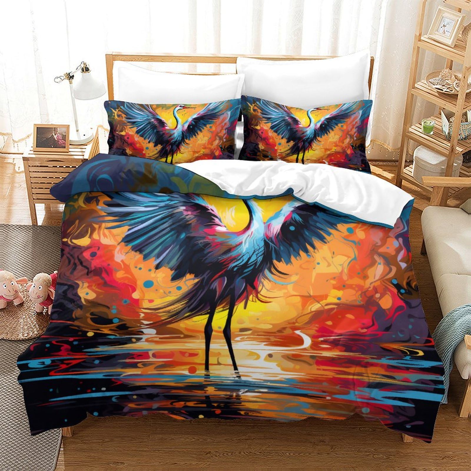 Housse de couette 220x240 anti-plis en microfibre douce motif oiseau