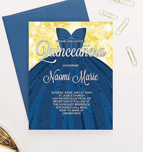 Miniatura 2 de Modern Pink Paper Quinceanera Invitations Royal Blue and Gold, Quinceanera Dress Invitations, Your choice of Quantity, Info, and Envelope Color