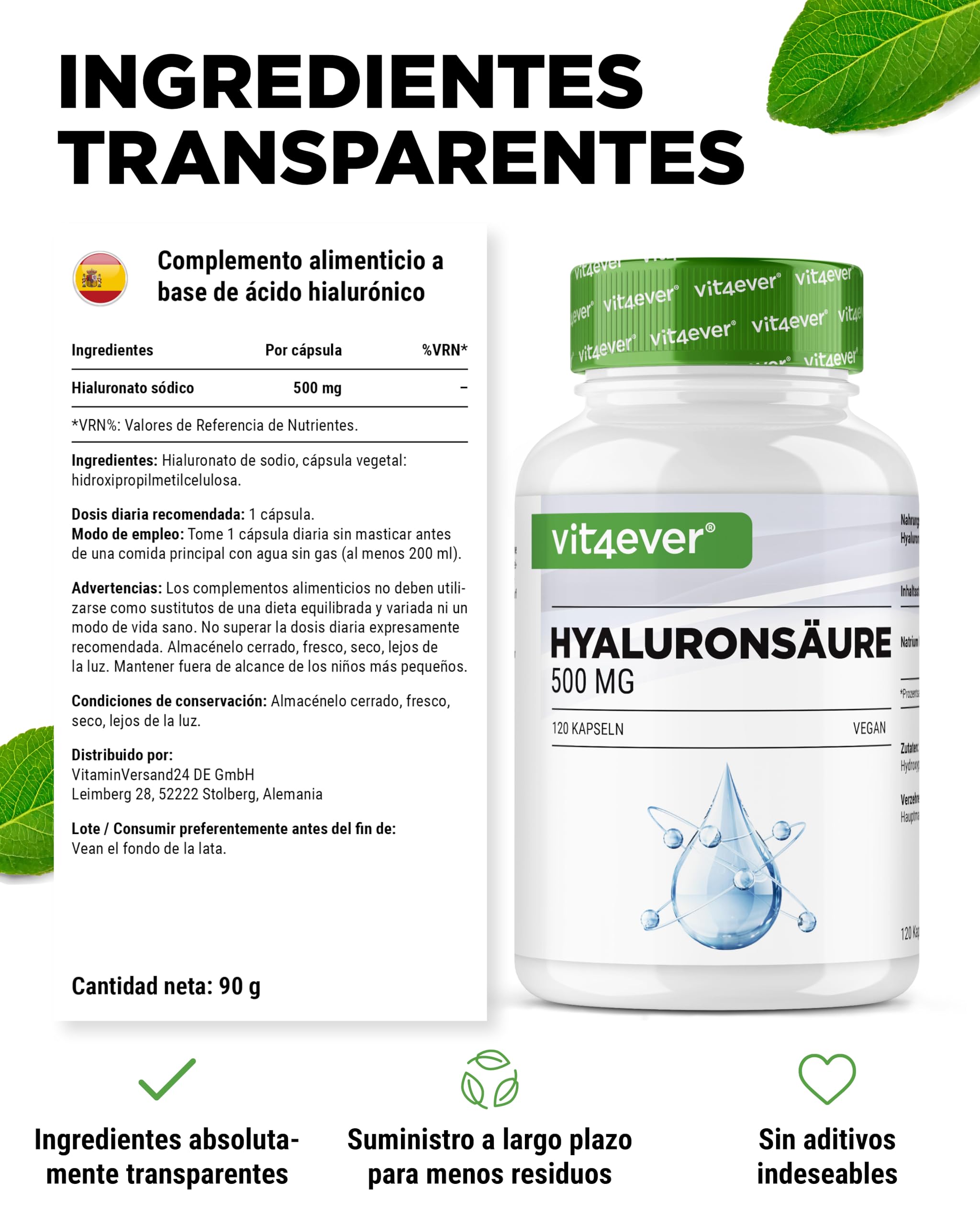 Ácido hialurónico - 120 cápsulas con 500 mg de hialurónico para 4 meses - 500-700 kDa - De fermentación vegetal - Sin aditivos indeseables, alta dosis, vegano