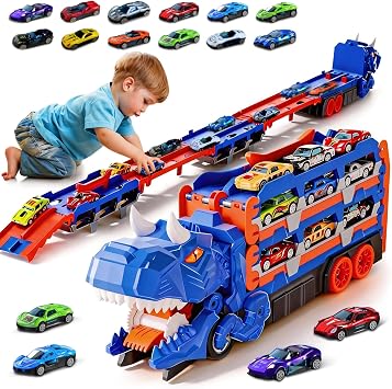 Dcceeo Grand Camion Dinosaure Dévorant avec Circuit Dépliable 1,60 m et 12 Voitures