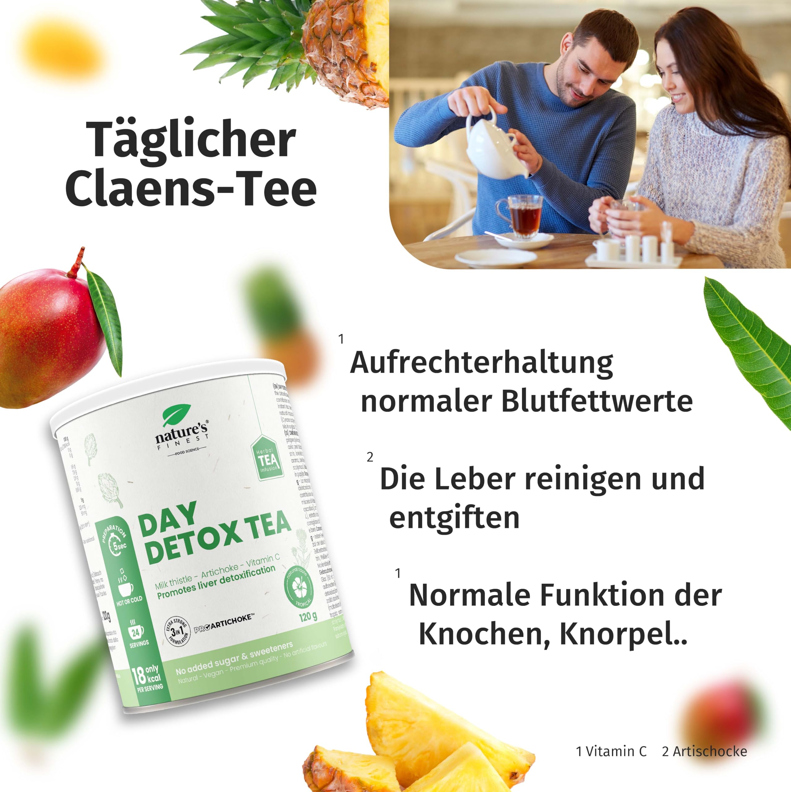 Nature’s Finest Day Detox Tee - Mit Mariendistel, Artischocke & Vitamin C - Stoffwechsel & Leberunterstützung - Reinigungstee zur Entgiftung & Gewichtsregulation - Pulver, 360 g