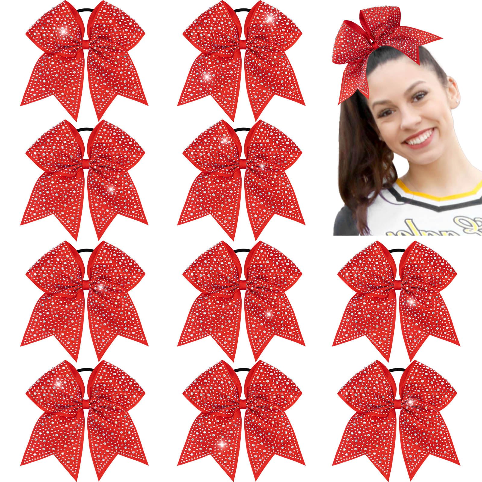 CN 10PCS Rhinestones Cheer Bows for Cheerleaders, Red Glitter Hair Bows for Girls Large Elastic Ponytail Holder, Hair Accessories for Women Teens for