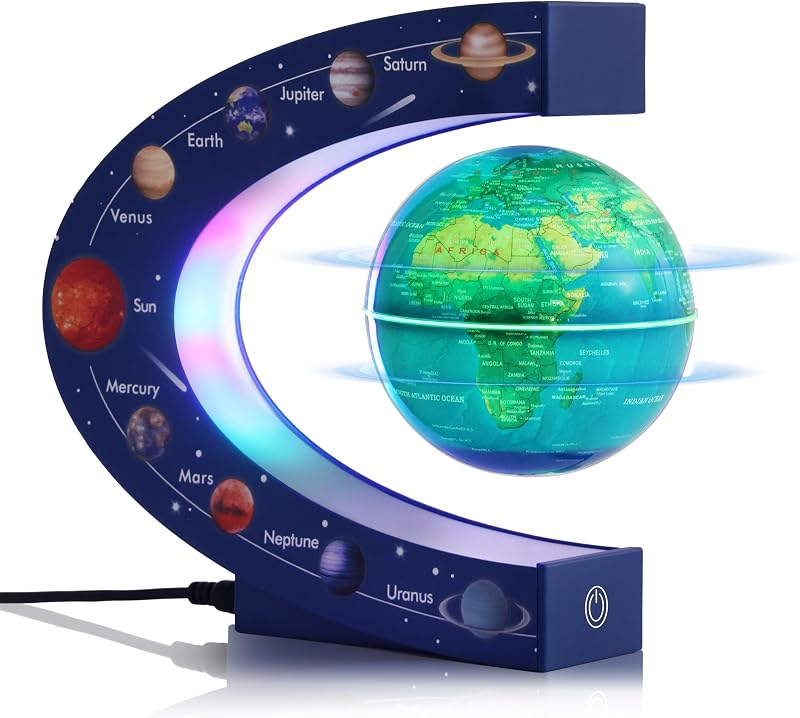 Globo giratorio flotante de levitación magnética de 3 pulgadas con lámpara de colores para hombres Boss Cool Decoración de oficina Regalos o juguetes de escritorio para niños, Nueve sistemas solares planetarios astronomía globo terráqueo cósmico educativo