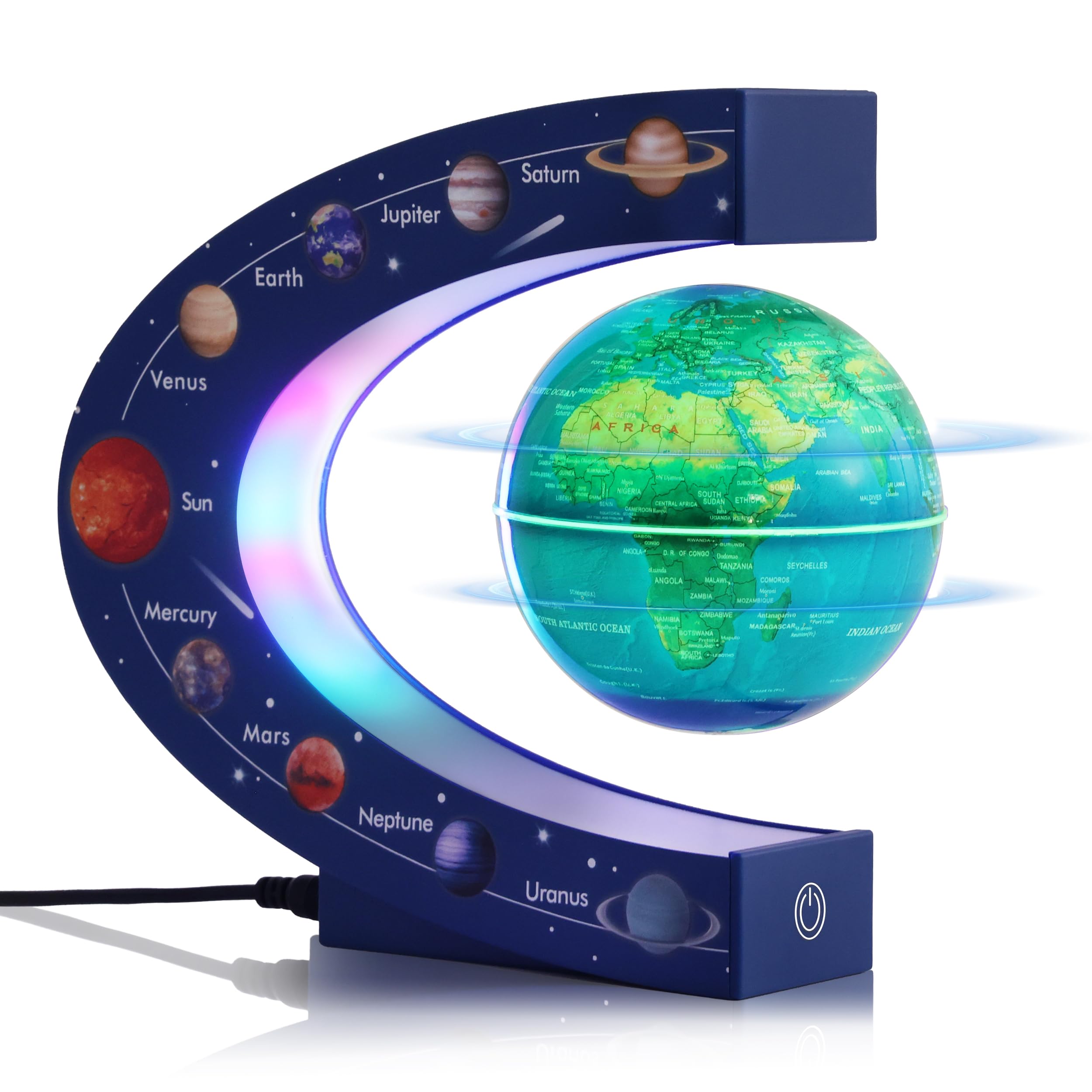 Globe Terrestre Magnétique en Lévitation Rotatif 3 Pouces avec Lampe Colorée, Cadeau Déco de Bureau Original pour Hommes, Patron ou Jouet Éducatif pour Enfants, Système Solaire 9 Planètes Astronomie