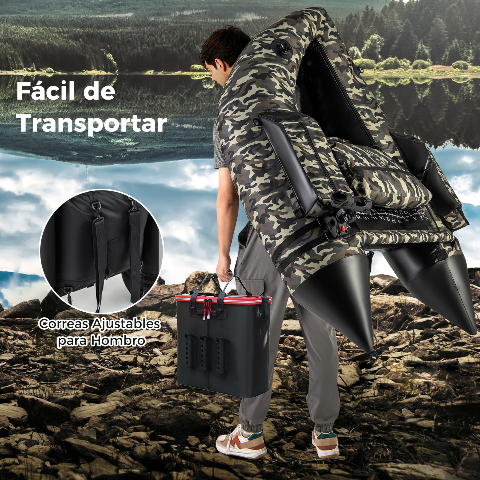 COSTWAY Barco de Pesca Inflable, Kayak Hinchable con 2 Aletas, Bomba Manual, Regla para Peces, Soporte para Caña, Bolsillos, Respaldo Ajustable y Correas, Bote Portátil para Adultos, Camuflaje