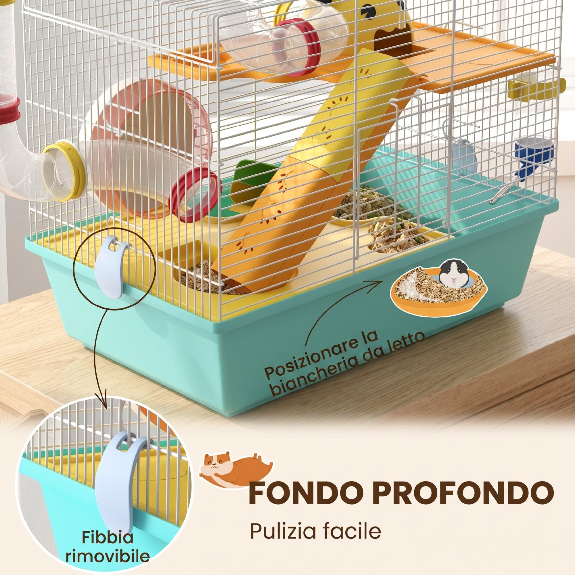PawHut Gabbia per Criceti con Ruota, Casetta, Ciotola, Rampe e Serbatoio dell'Acqua, Gabbia per Gerbilli in Acciaio, PS e PP, 45x28x37 cm, Bianco e Azzurro
