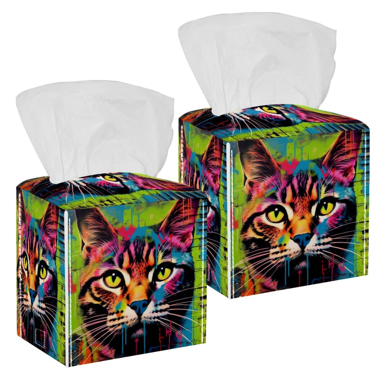 Cat Graffiti Tissue Box Cover, 2 Pack PU Leather Square Facial Tissue Dispenser Box holder for Home Office Car