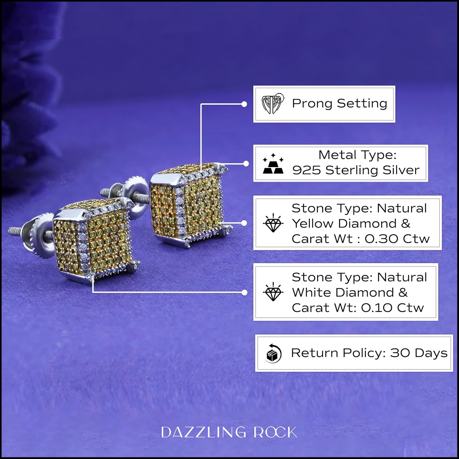 Dazzlingrock Collection 0.40 Ctw Round Yellow & White Natural Diamond 8mm Hip Hop Iced Out Dice Studs in 925 Sterling Silver, Unisex Design Ladies,Mens Real Natural Diamond Earrings