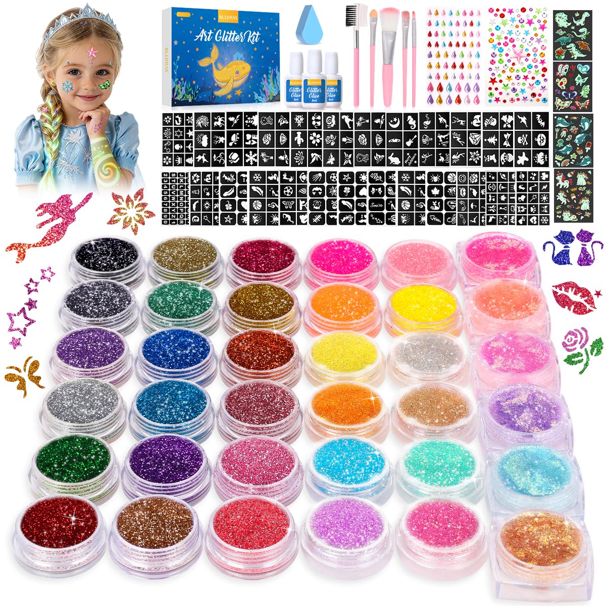 Bledras 36 Farben Glitzer Tattoo Set Kinder - Komplett-Set mit 178 Schablonen, 5 Pinseln, 3 Klebern, 4 Leucht-Tattoos & weiterem Zubehör – Geschenke für Kinder im Alter von 3 bis 12 Jahren
