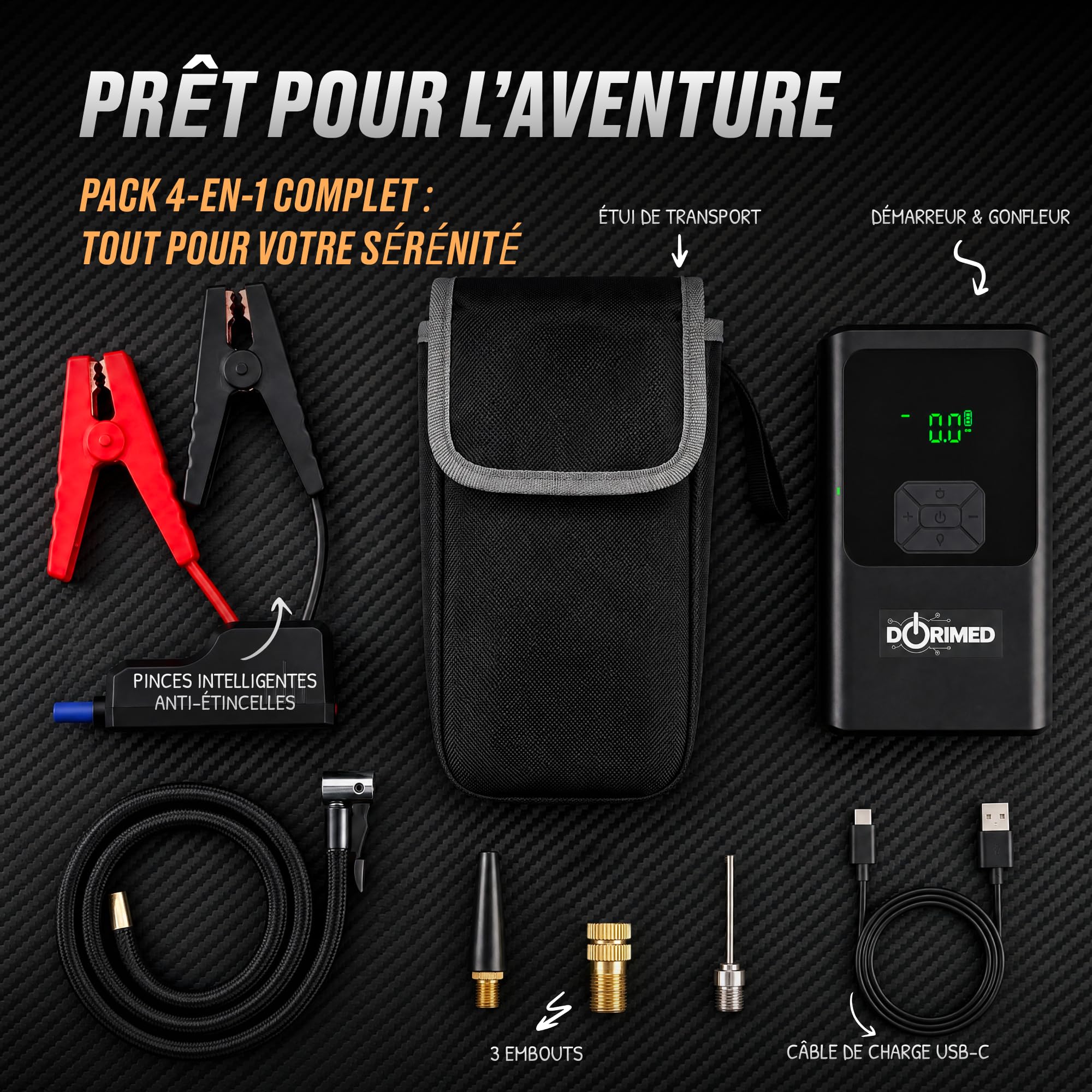 Booster Batterie Voiture Multifonctions I Démarreur de Batterie 12V Essence & Diesel I Compresseur d'air Gonfleur Pneus I Chargeur USB Rapide I Éclairage LED & SOS I Écran LCD I Démarreur de Secours