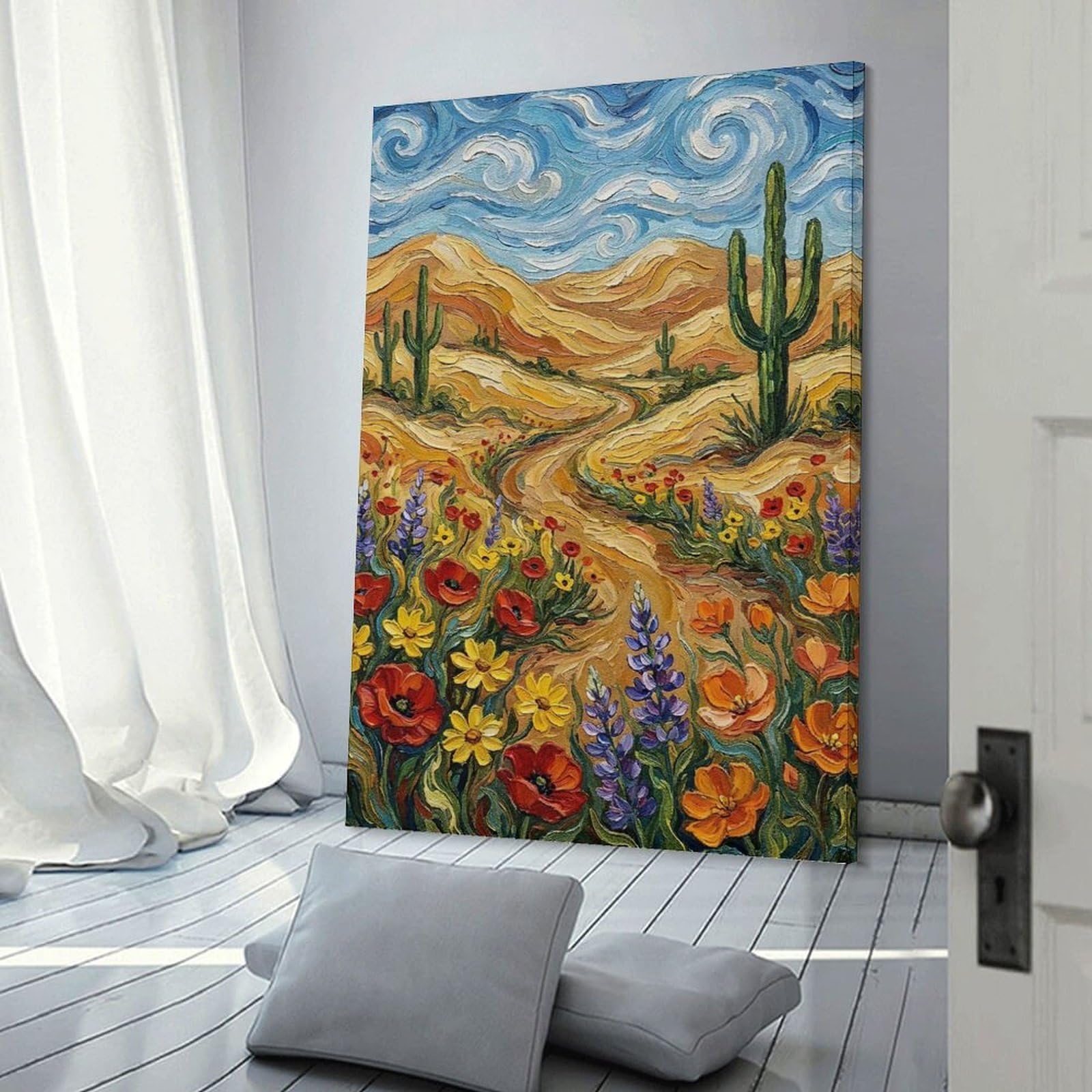 Junmoney Desert Landscape with Wildflowers And Saguaro Cacti Room Decor Wall Art, 20x30inch(50x75cm), for Hallway, Lounge Or Guest Room, Gift Idea for Housewarming And Birthdays