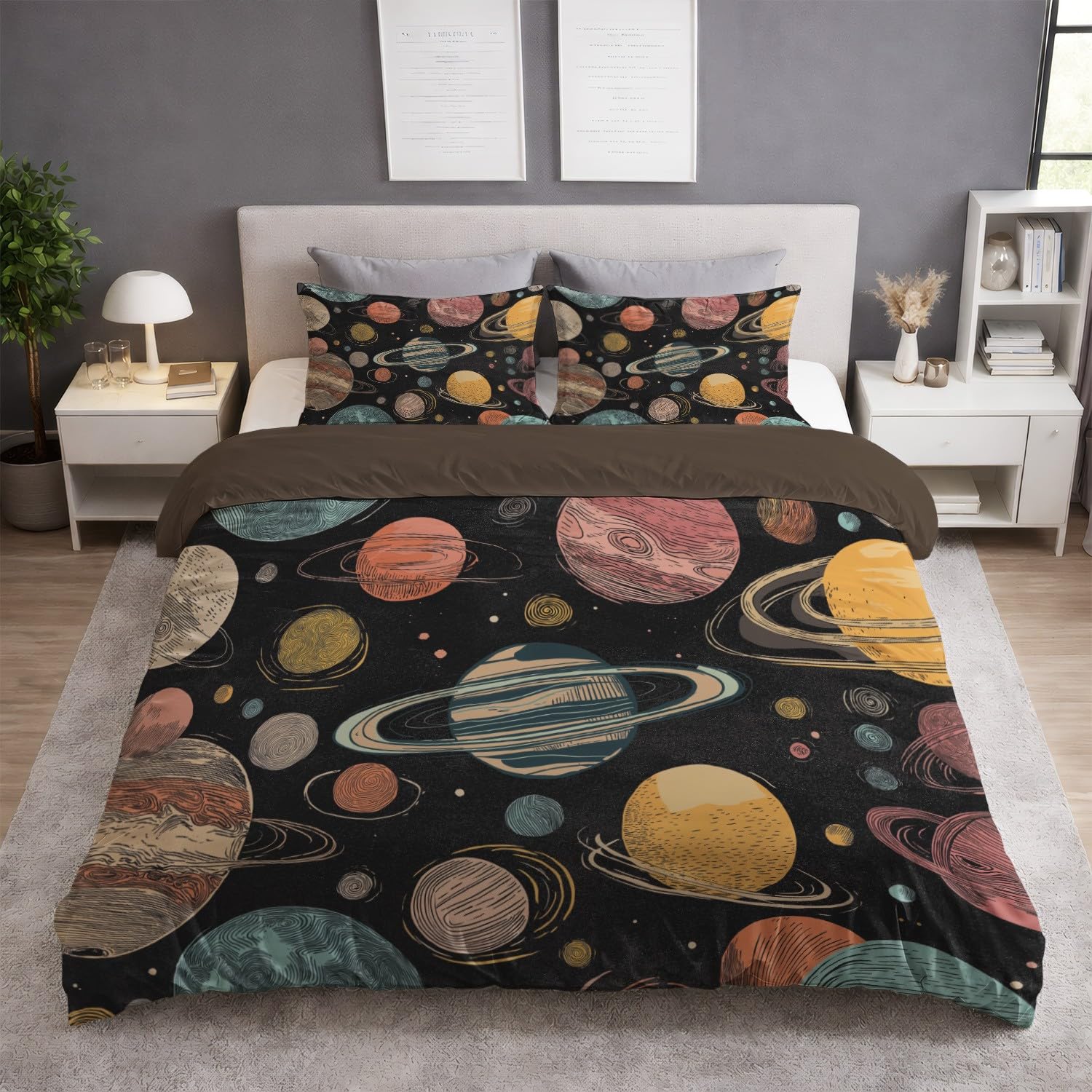 Genérico Funda Nordica Cama 105-155 x 220 cm, Suave Microfibra Juego de Funda Edredon, Planetas Espaciales Hada para Niños, Negro, Dibujo Animado, Reversible, Resistente al desvanecimiento