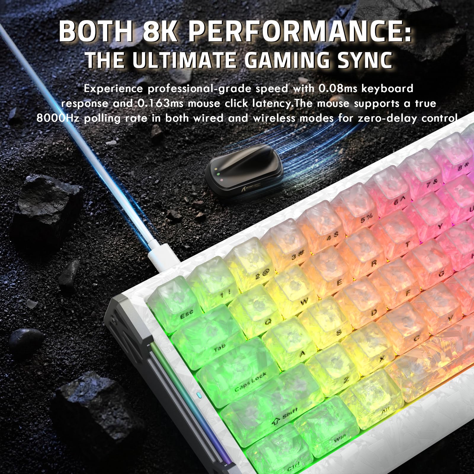 ATTACK SHARK Carbon Fiber Gaming R68 HE Tastatur & X11 Ultra Maus Set, 63g Nordic54L15 Wireless Superlight Maus, 8KHz, PAW3950MAX 42K DPI, 0.005mm RT Rapid Trigger Magnetische Tastatur - Ice/Purple