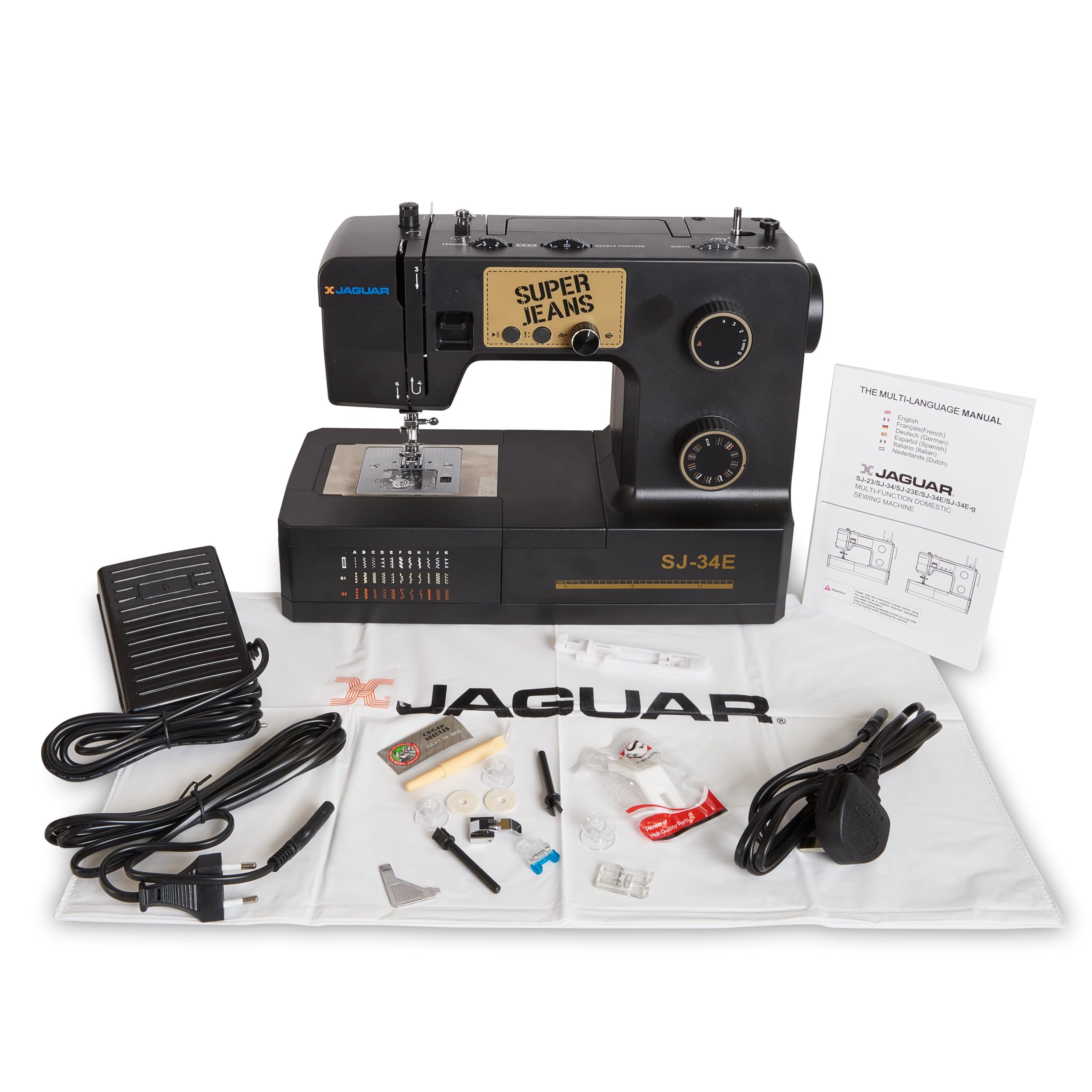 Jaguar SJ-34E Macchina per Cucire Robusta Super Jeans | 34 Punti | Elettronica | Tavolo di Estensione | Infila-Ago Automatico | Spolina a Inserimento | Motore Servo | LED | Braccio Libero | Per Tessut