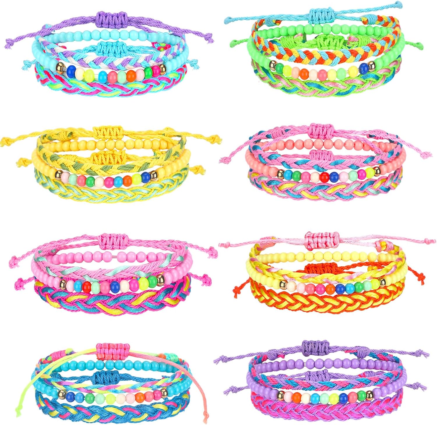 Sureio 24 Pcs Colorful Paracord Braided Friendship Bracelets Woven Beaded Surfer Stretch Kids Bracelet for Back to School Teen Girls Women Party Favors