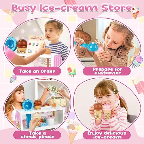 Miniatura 4 de Dreamon Juego de encimera de helado para niños, 38 piezas de helado de madera, tienda para niños pequeños de 3 a 5 años, juguete de simulación para