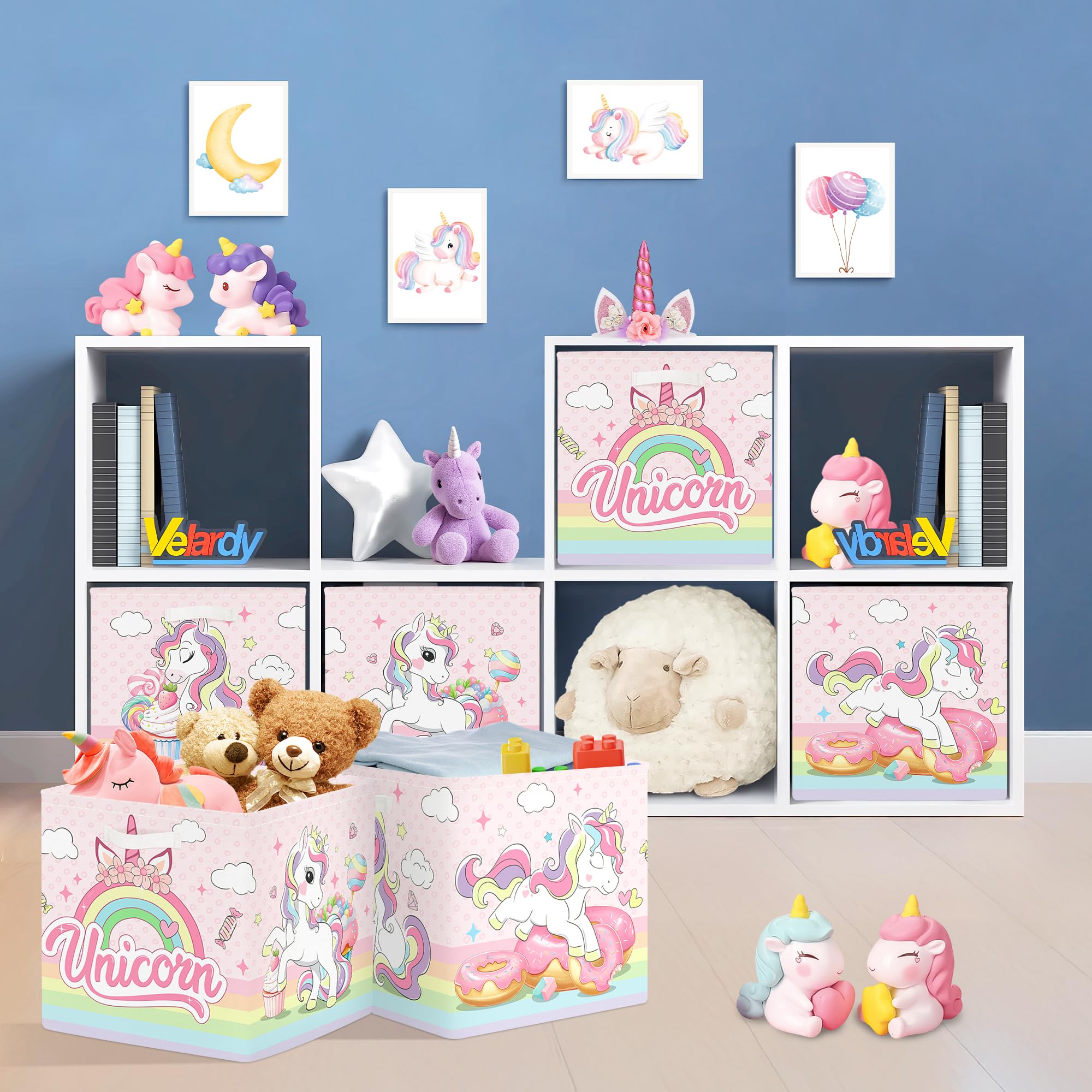 HUUMONSS 11.8" Unicorn Rainbow Storage Cube Organizer Set 3Pcs Clothes Storage Basket Bin for Home Cloud Star Kid Book Toy Chest Macaron - Image 3